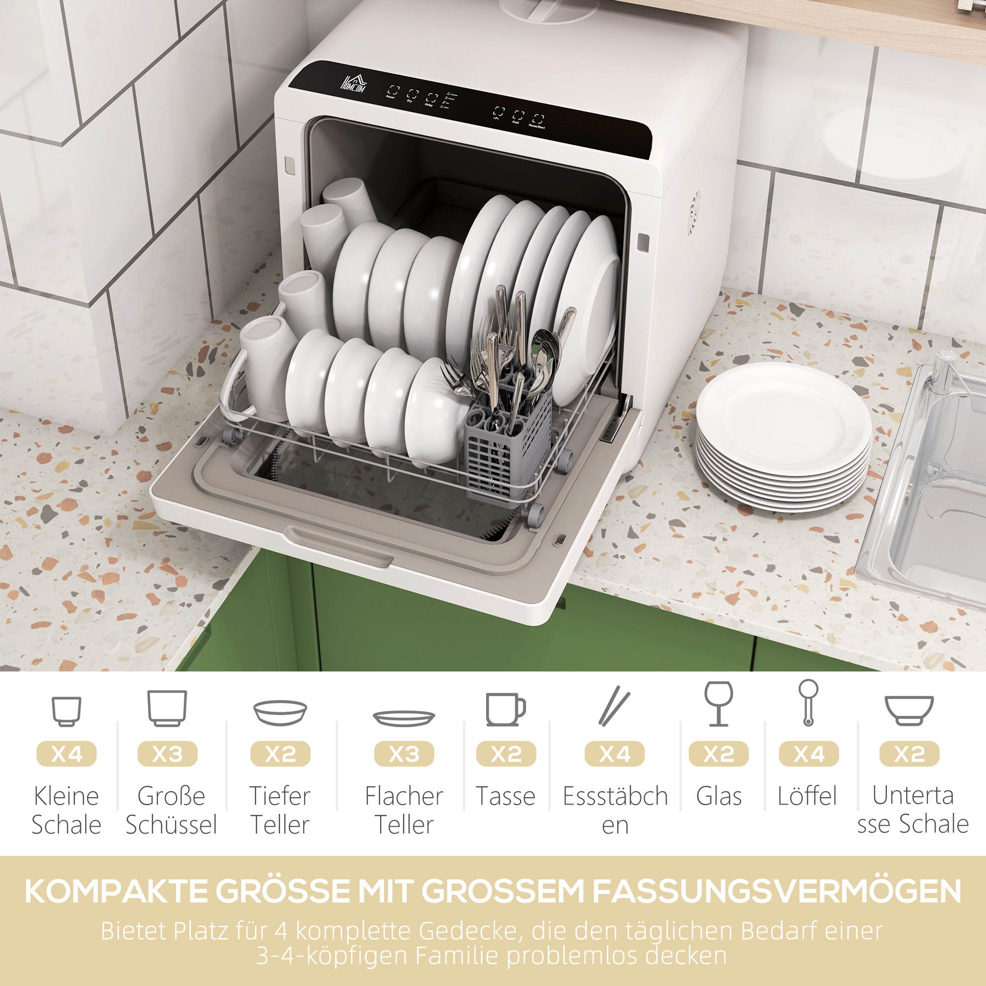 HOMCOM Compacte Tafelvaatwasser, 4 Couverts, Droogmodus, 6L Tank/Kraan, Startuitstel, LED, Wit