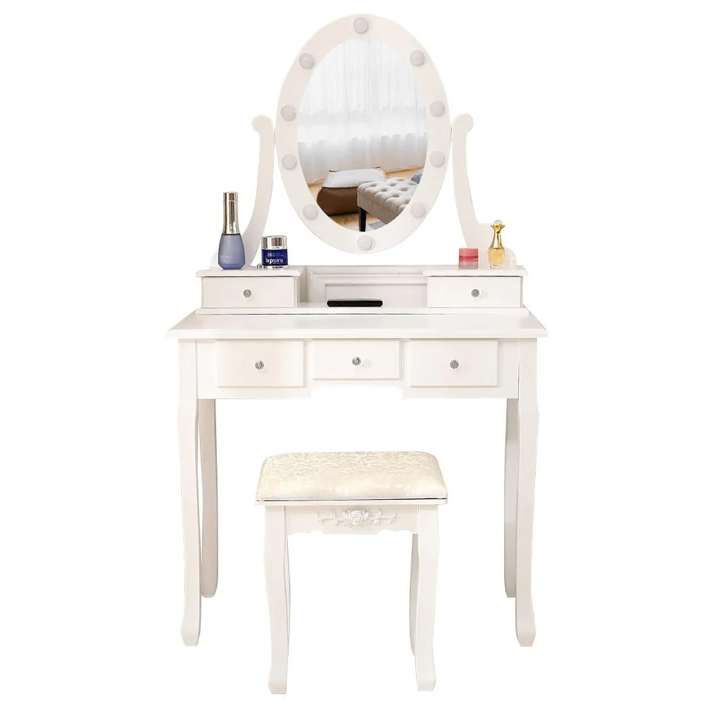Vanity Table 10 LED Lights, 5 Drawers Makeup Dressing Desk with Cushioned Stool Set,Bedroom Vanities Set White - Image 10
