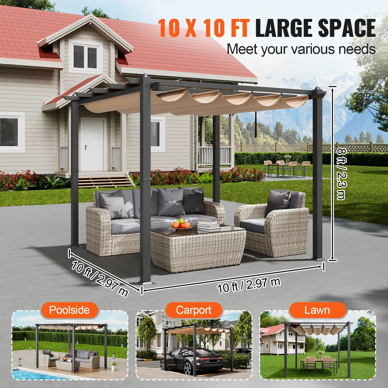 KFFKFF 10'x10' Aluminum Patio Pergola, Retractable Sun Shade Canopy, Ideal for Outdoor Gardens, Decks, and Backyards - Beige
