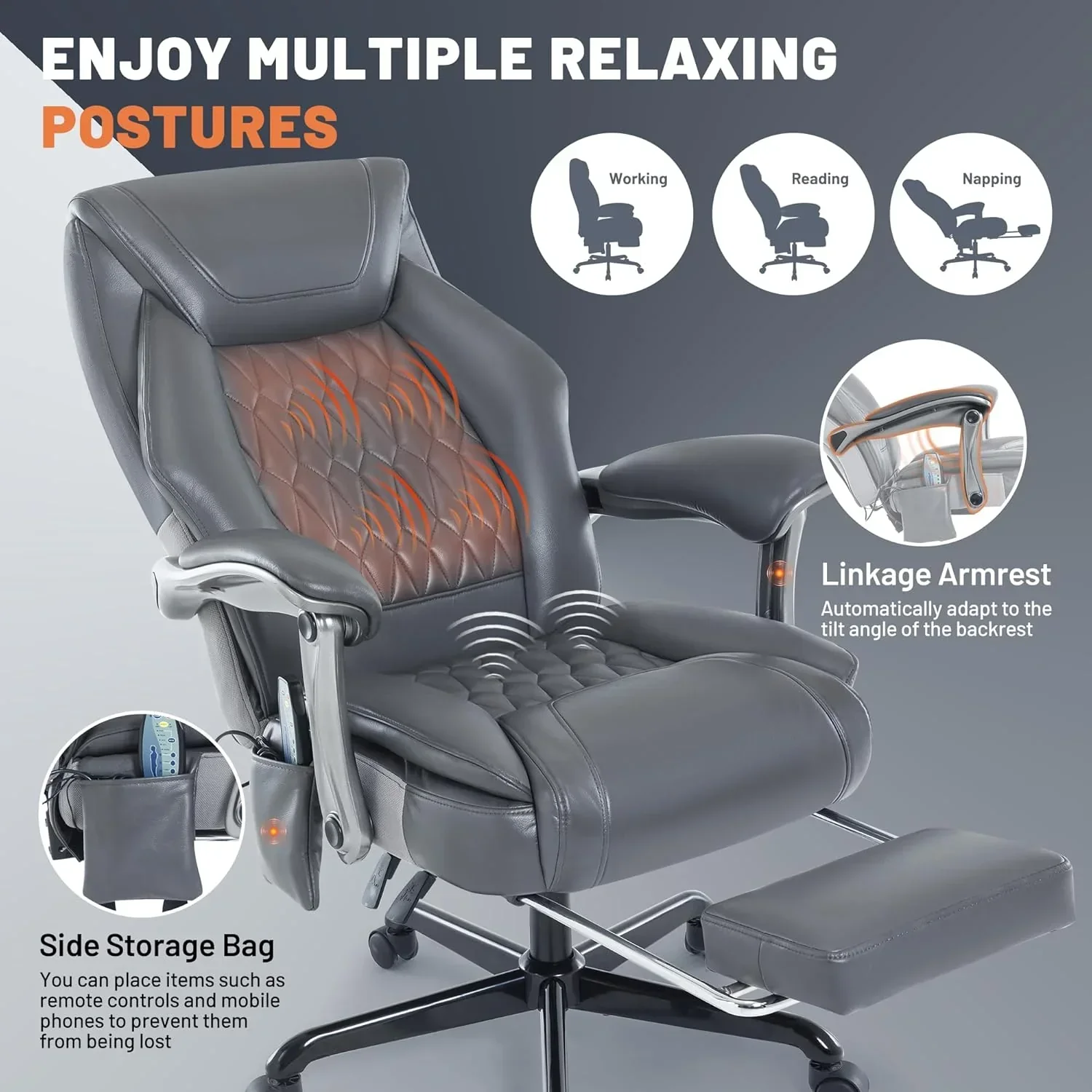Fauteuil de bureau massant avec chauffage et repose-pieds, fauteuil de bureau ergonomique inclinable de direction