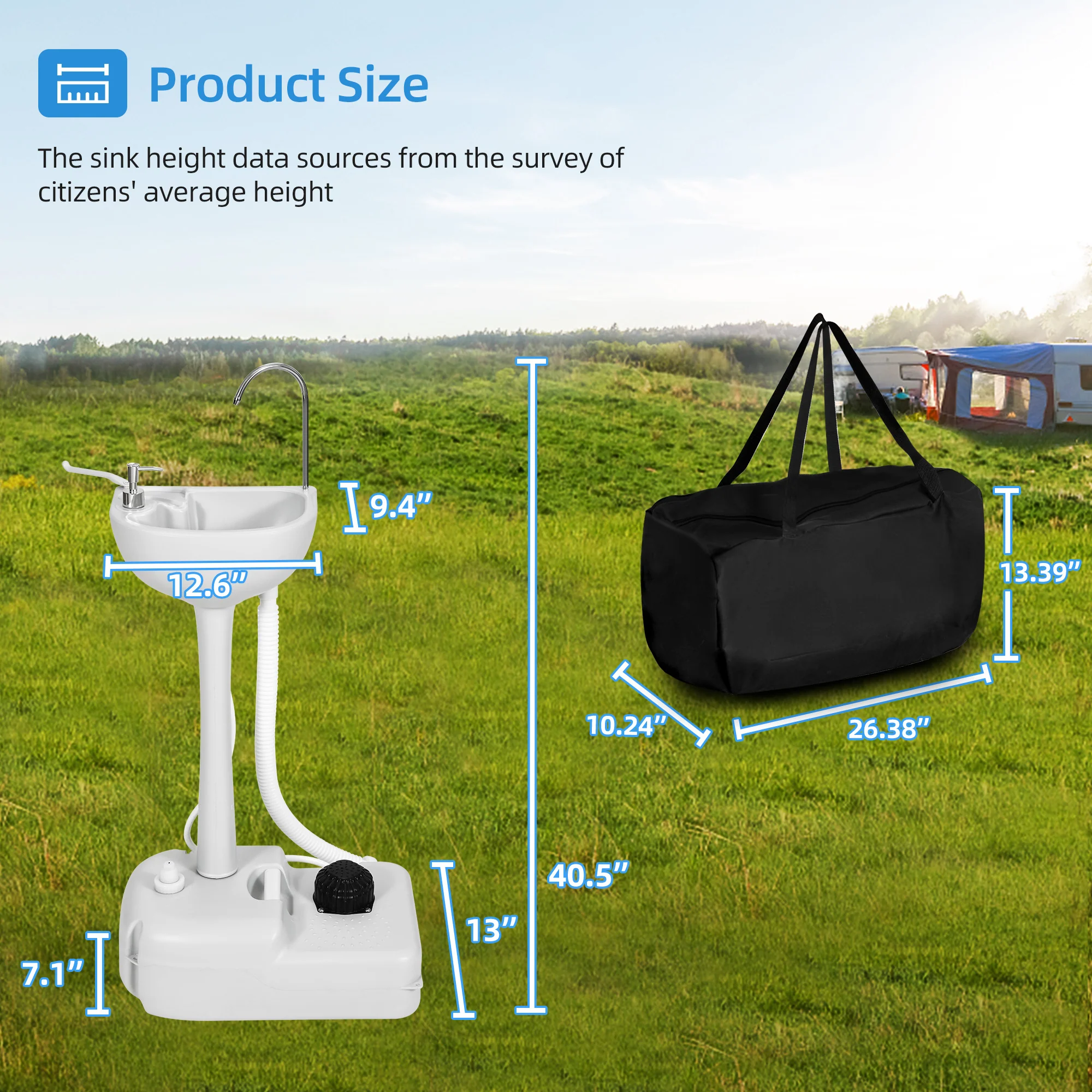 Portable Sink Camping Hand Washing Station with 17 L Wash Basin Stand, Rolling Wheels, Soap Dispenser, Towel Holder, for Outdoor, Travel, Boat, Gather, Garden, Worksite, White