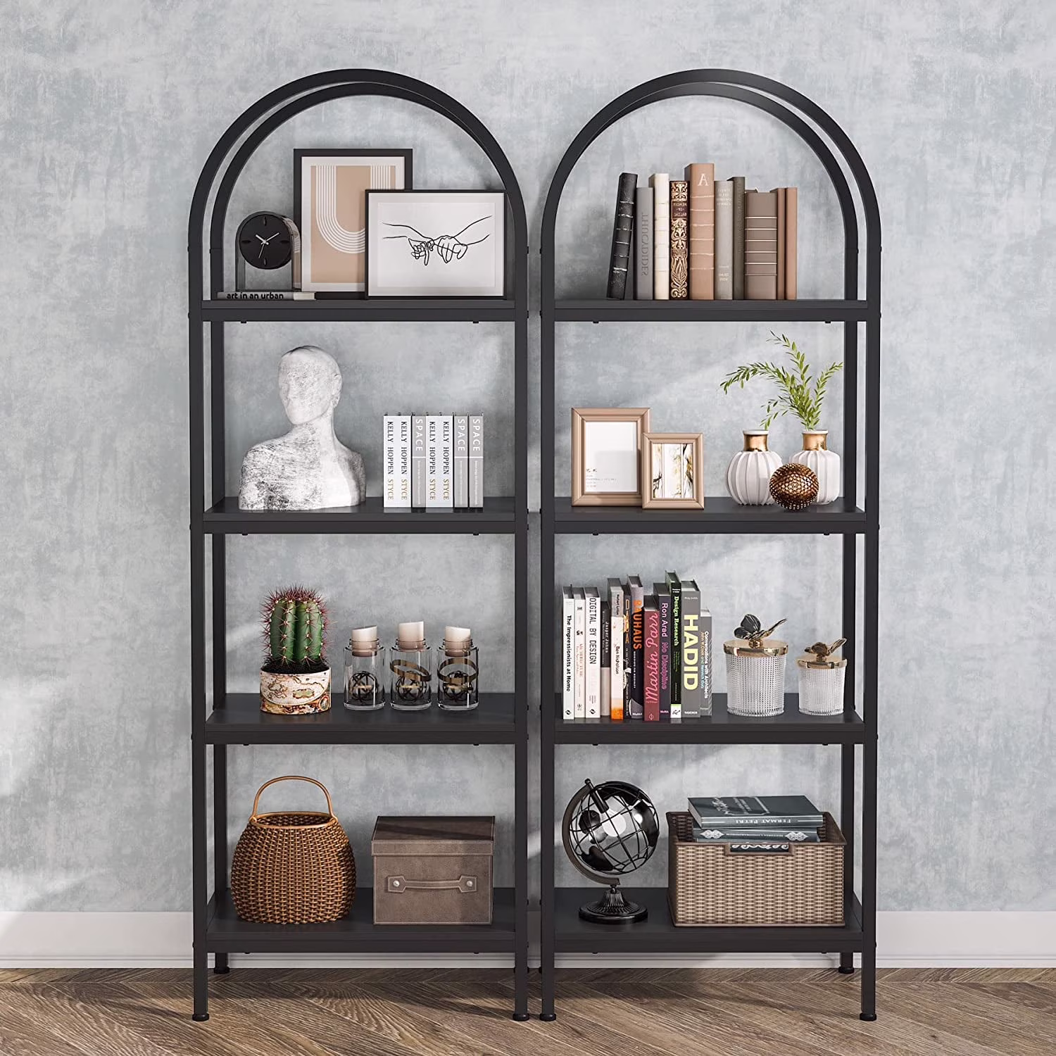 70.8" Industrial 4-Tier Bookshelf: Wood and Metal Display Rack (Black, 2PCS)(4-Tier Black)