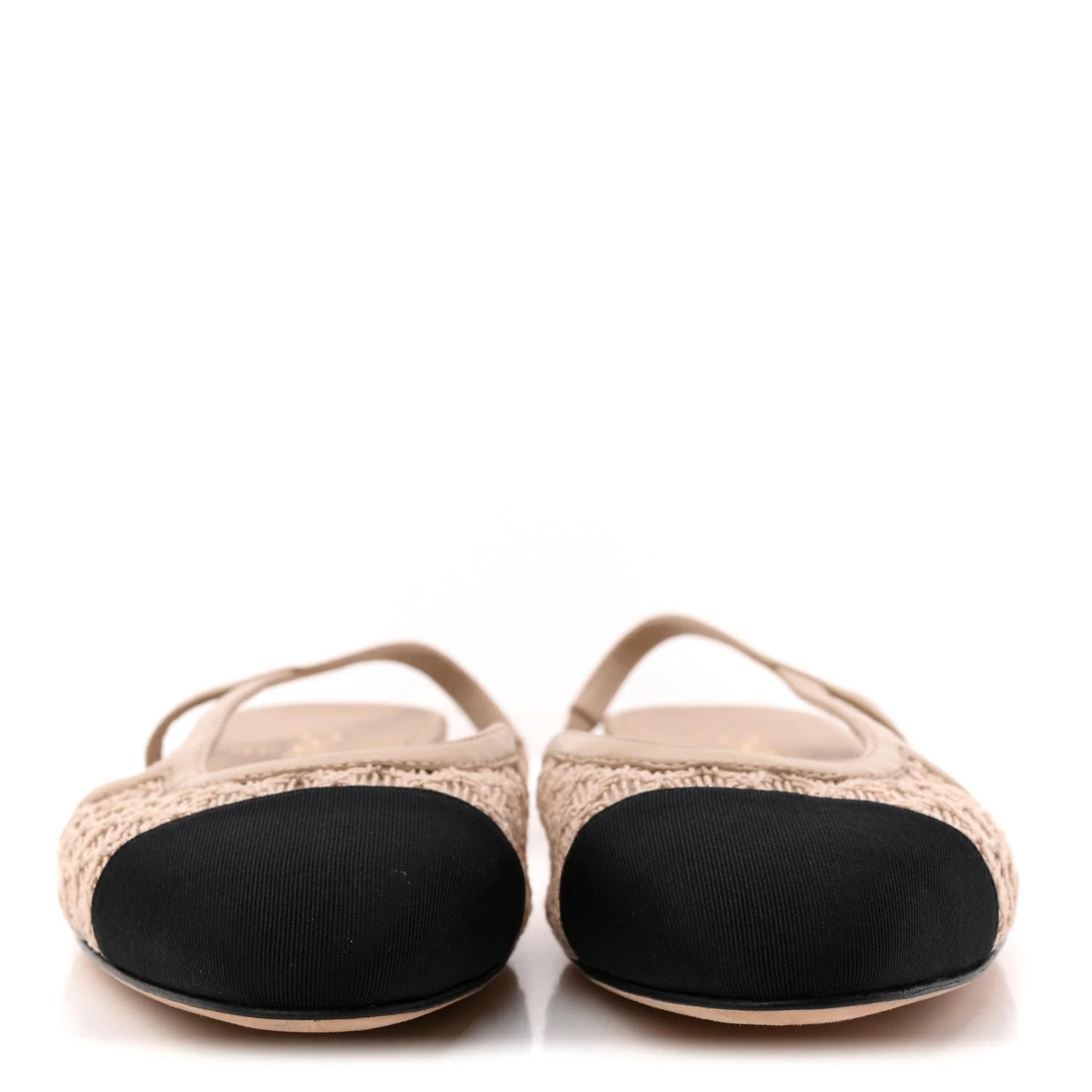 Embroidery Grosgrain Cap Toe CC Slingback Flats 38.5 Beige Black