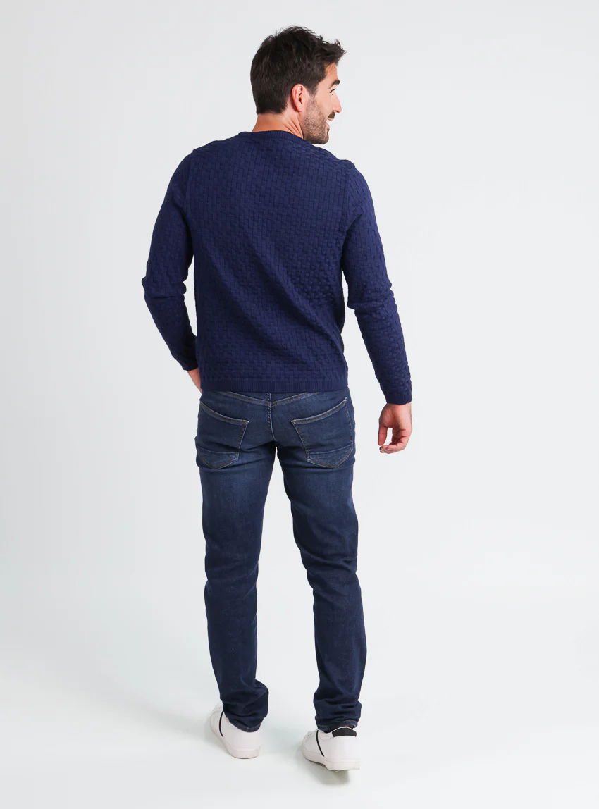 Pull homme damier en laine bleu amiral