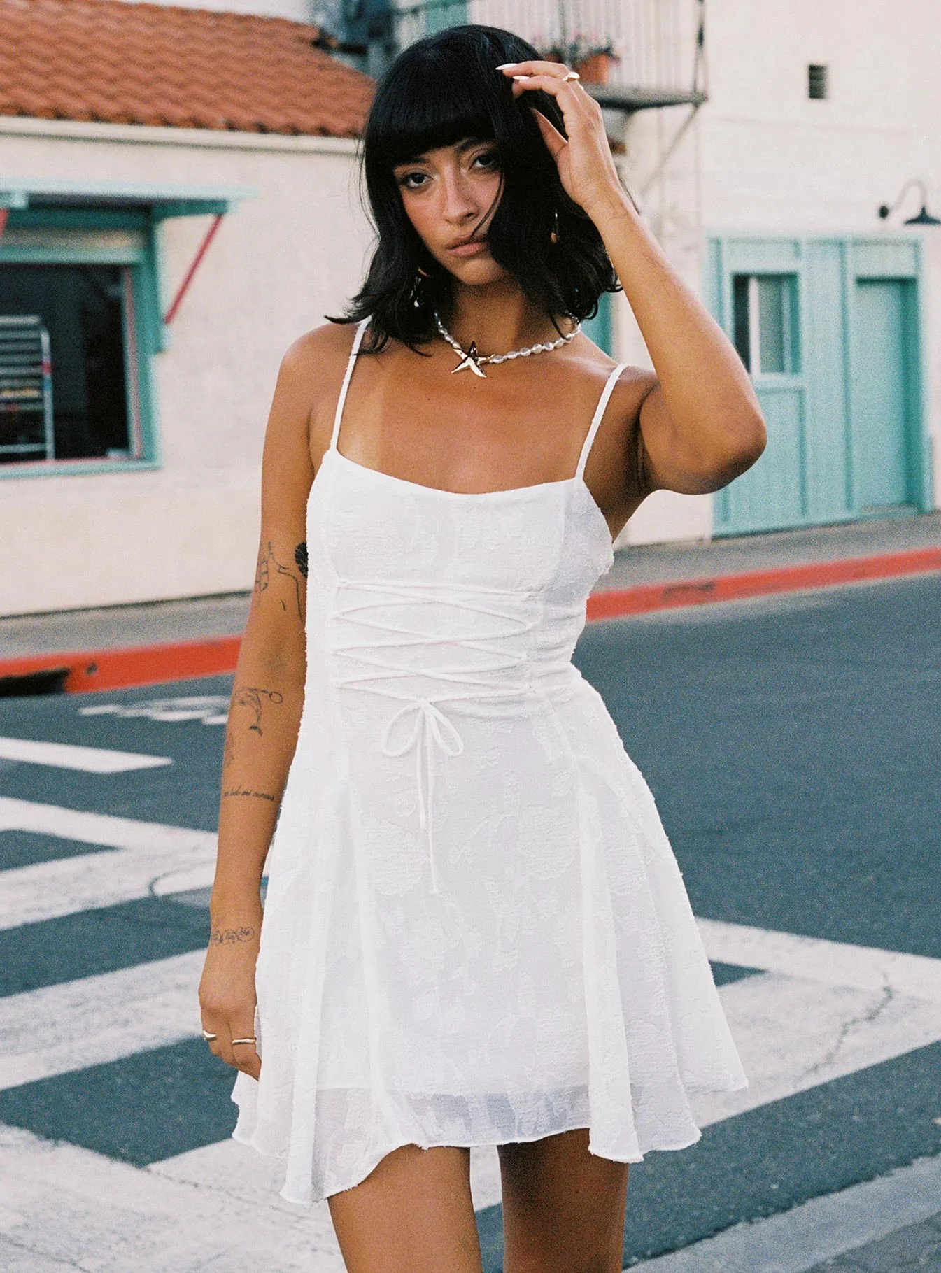 Wispie Lace Up Mini Dress White