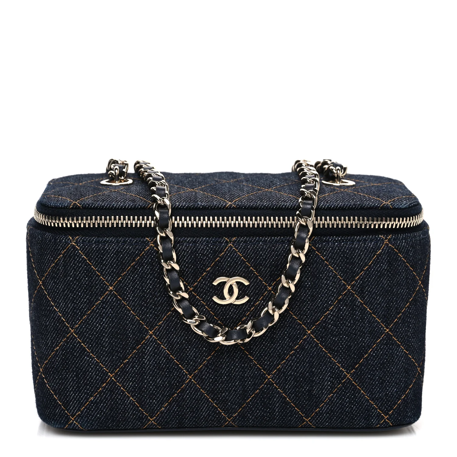 Denim Quilted Vanity Case With Chain Dark Blue Orange