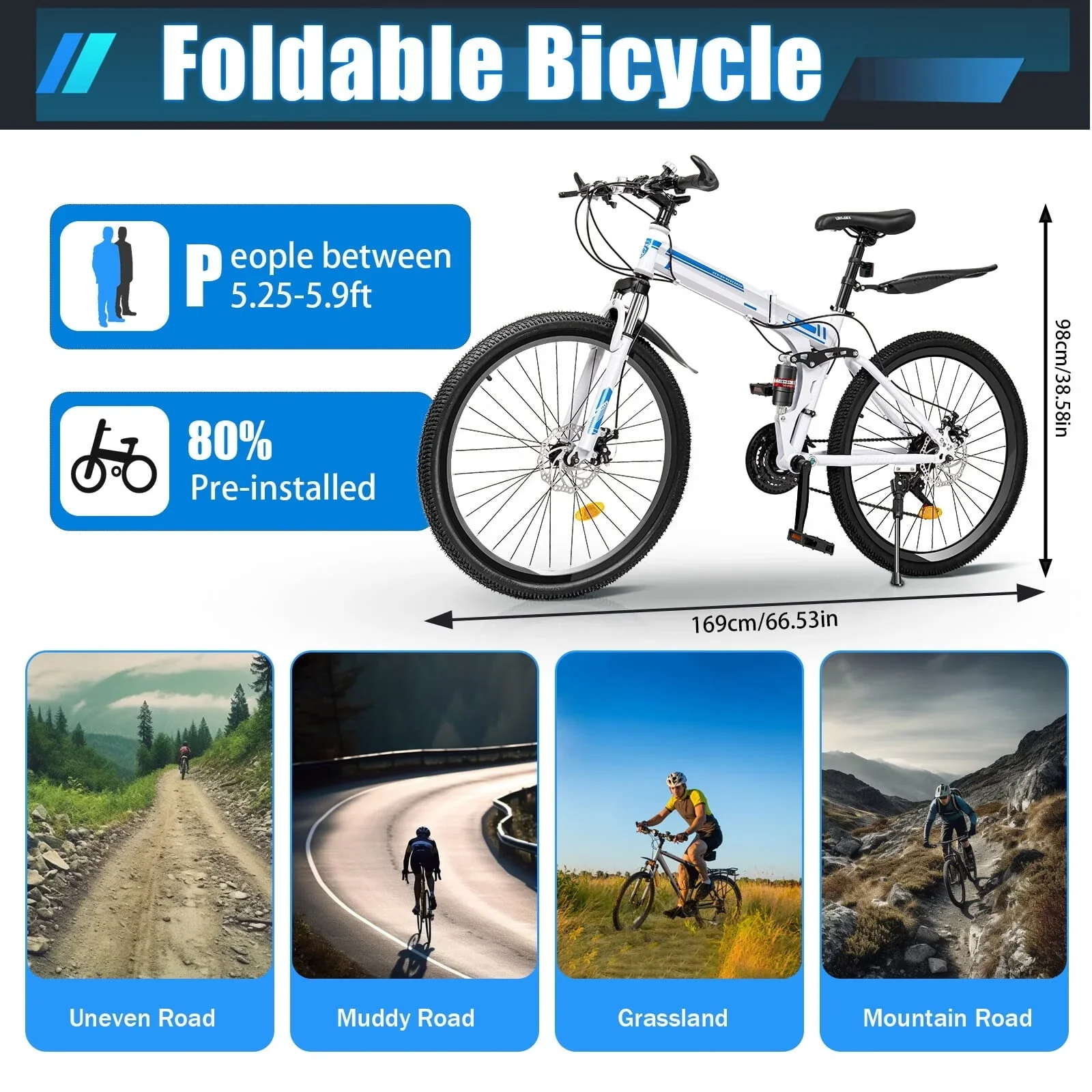 Aiqidi 26 Mountain Folding Bike with 21-Speed Gears Dual-Disc Brake Unisex Adult Mountain Bicycle Adjustable for Riding Traveling