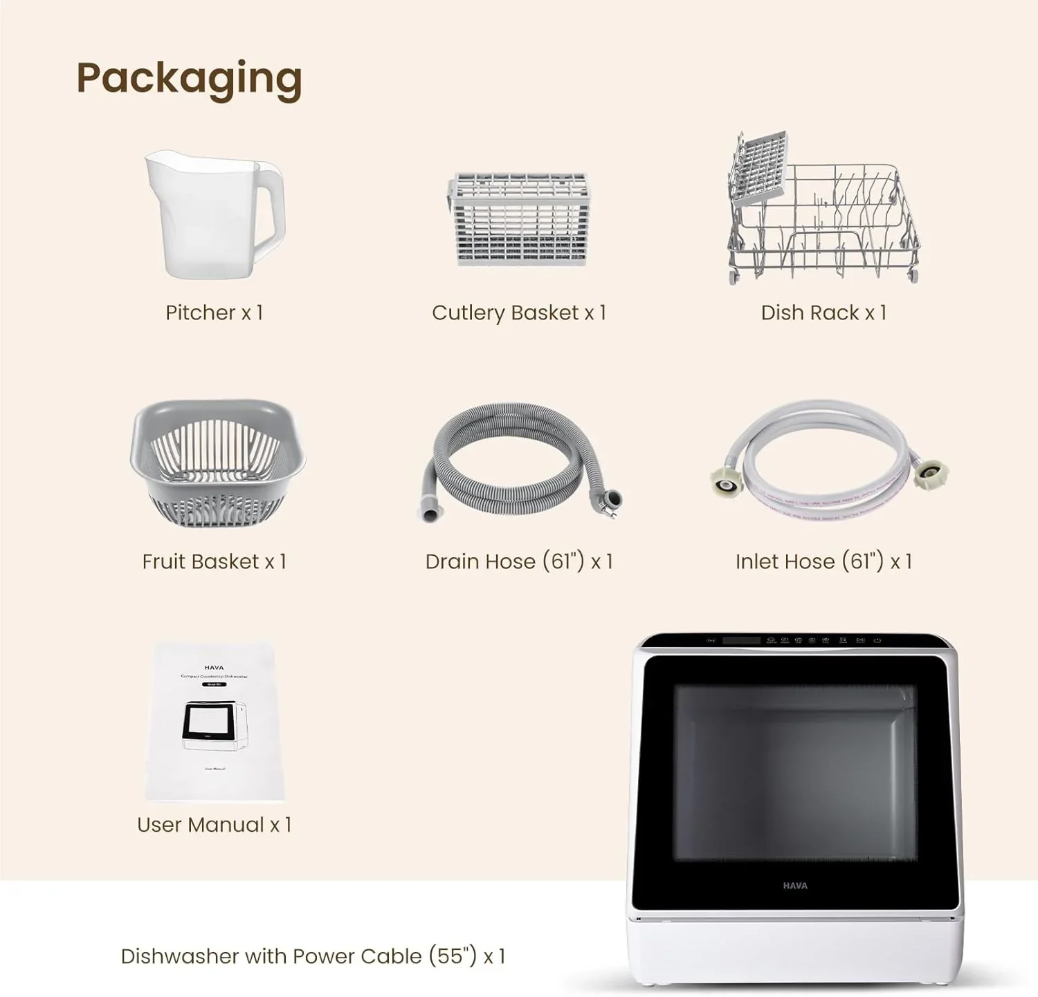 Lave-vaisselle de table HAVA, lave-vaisselle portable à 6 programmes avec réservoir d'eau intégré de 5 litres