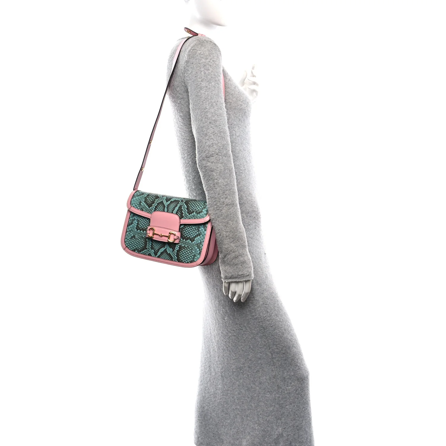 Snakeskin Calfskin Horsebit 1955 Shoulder Bag Blue Pink