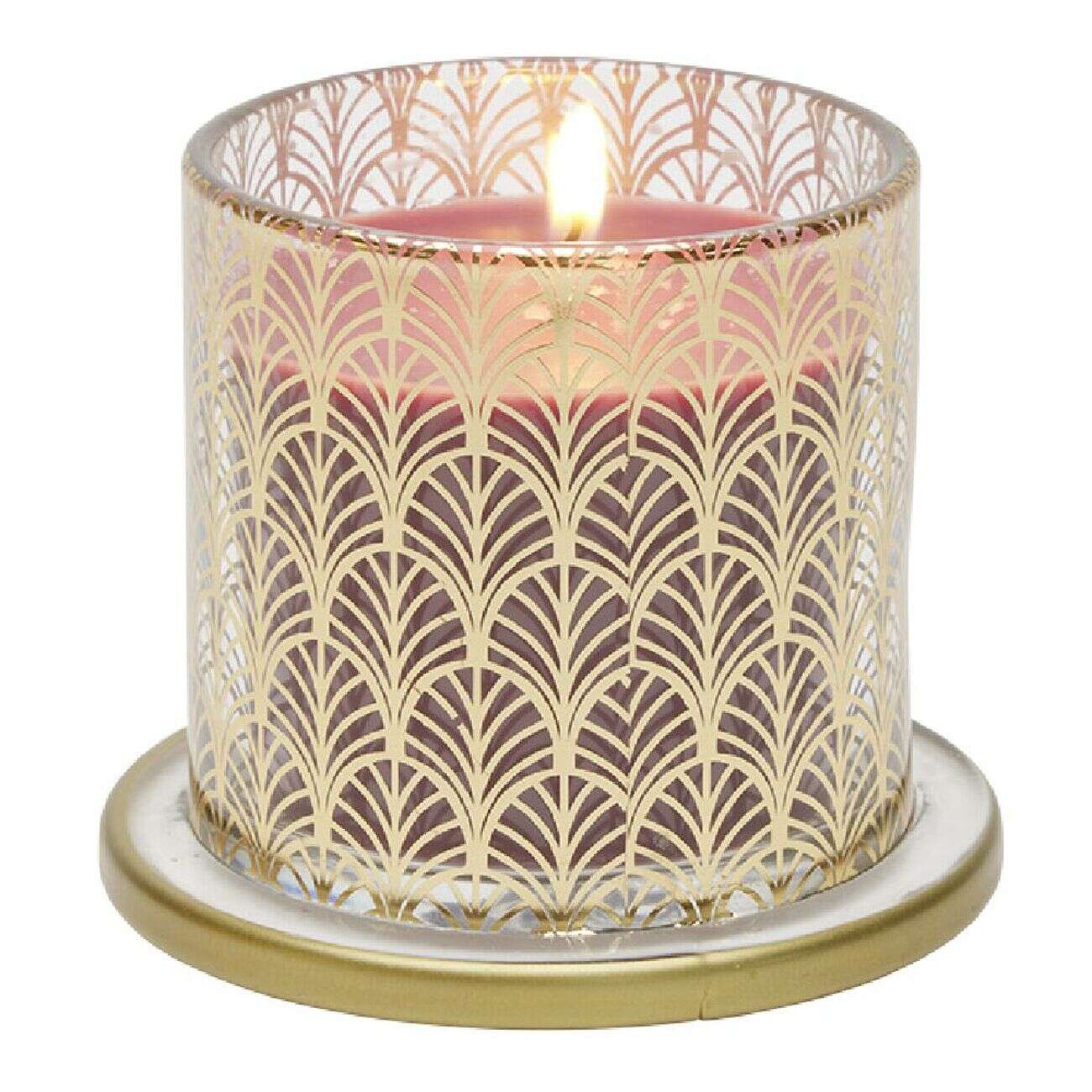 Bougie parfumée rouge sous cloche transparent doré