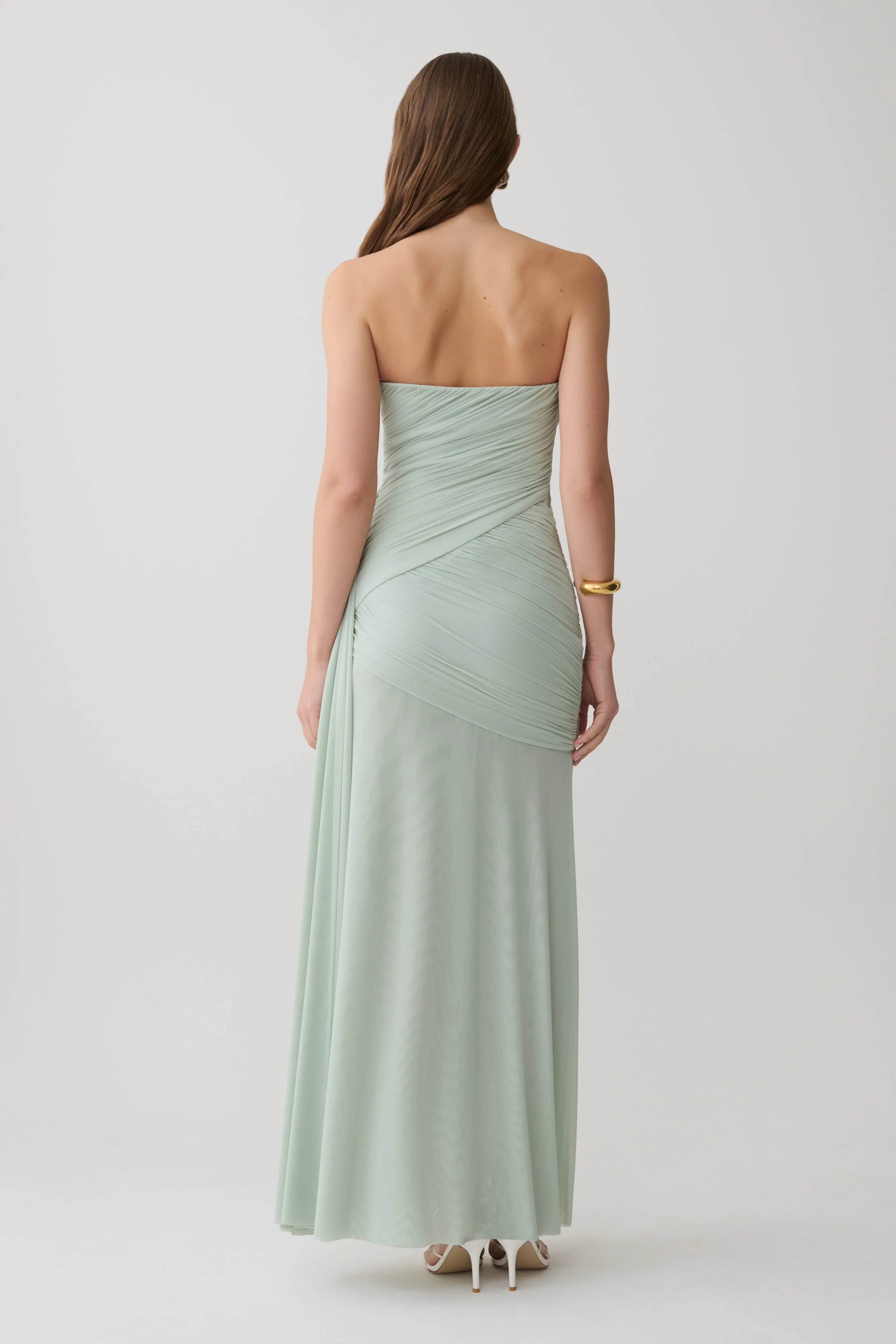 Monet Strapless Ruched Mesh Maxi Dress - Aqua Grey