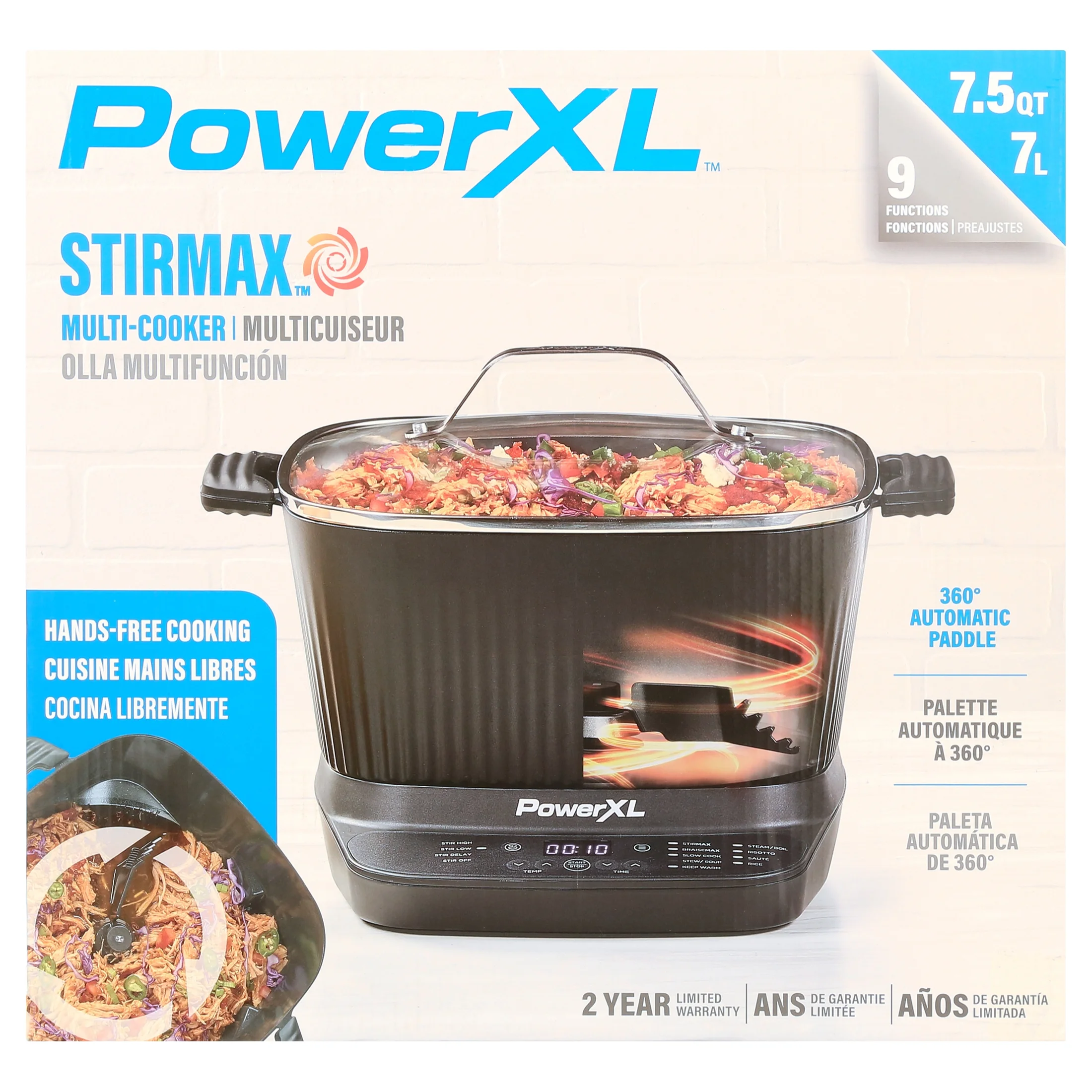 Power XL Stirmax 7.5 Qt Multi - Cooker with Auto Stir/Shred Paddle and 9 Presets, Matte Black