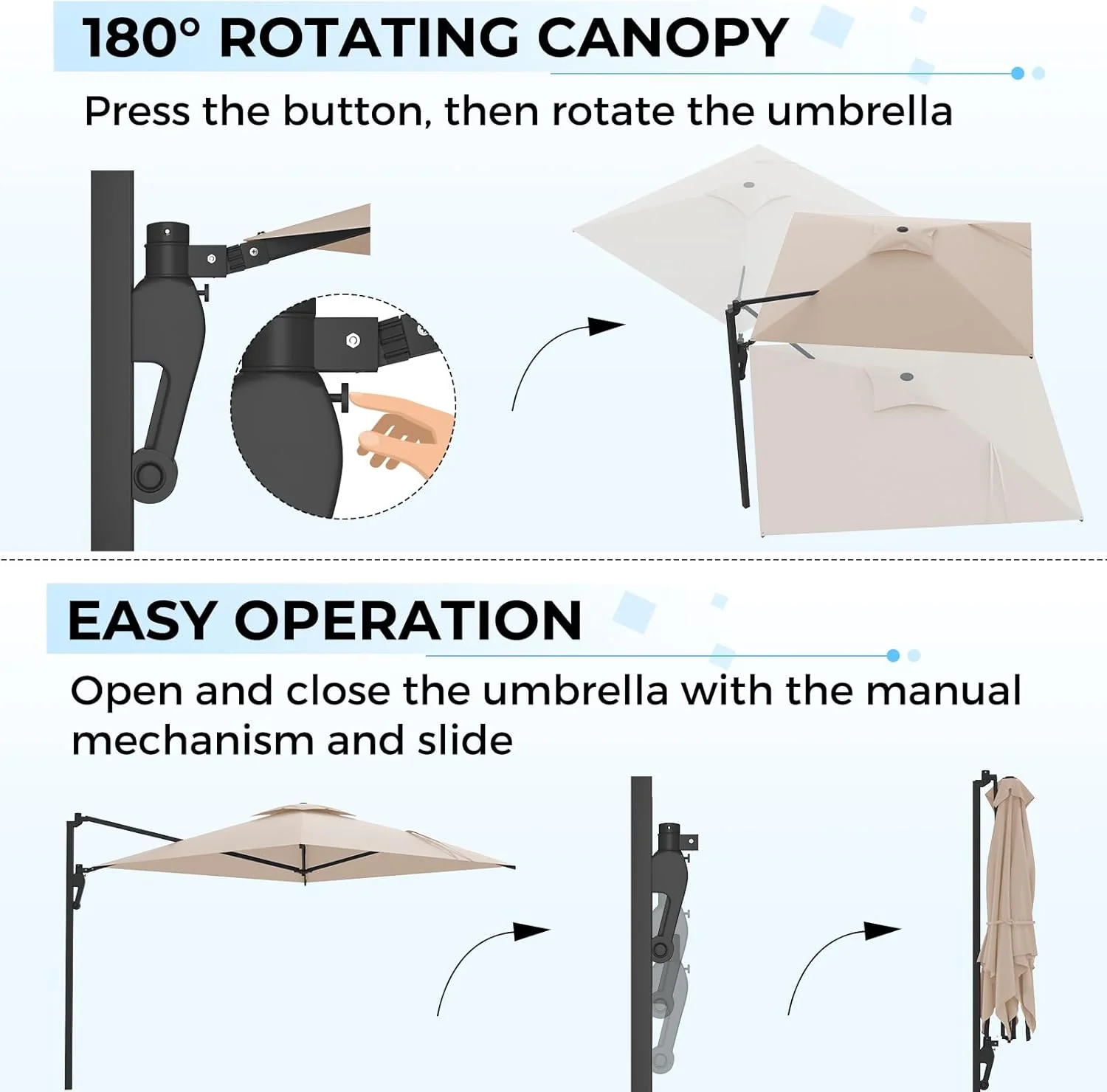 AECOJOY 10ft Cantilever Patio Umbrella, Large Rectangle Umbrella 180° Rotation Offset, Beige