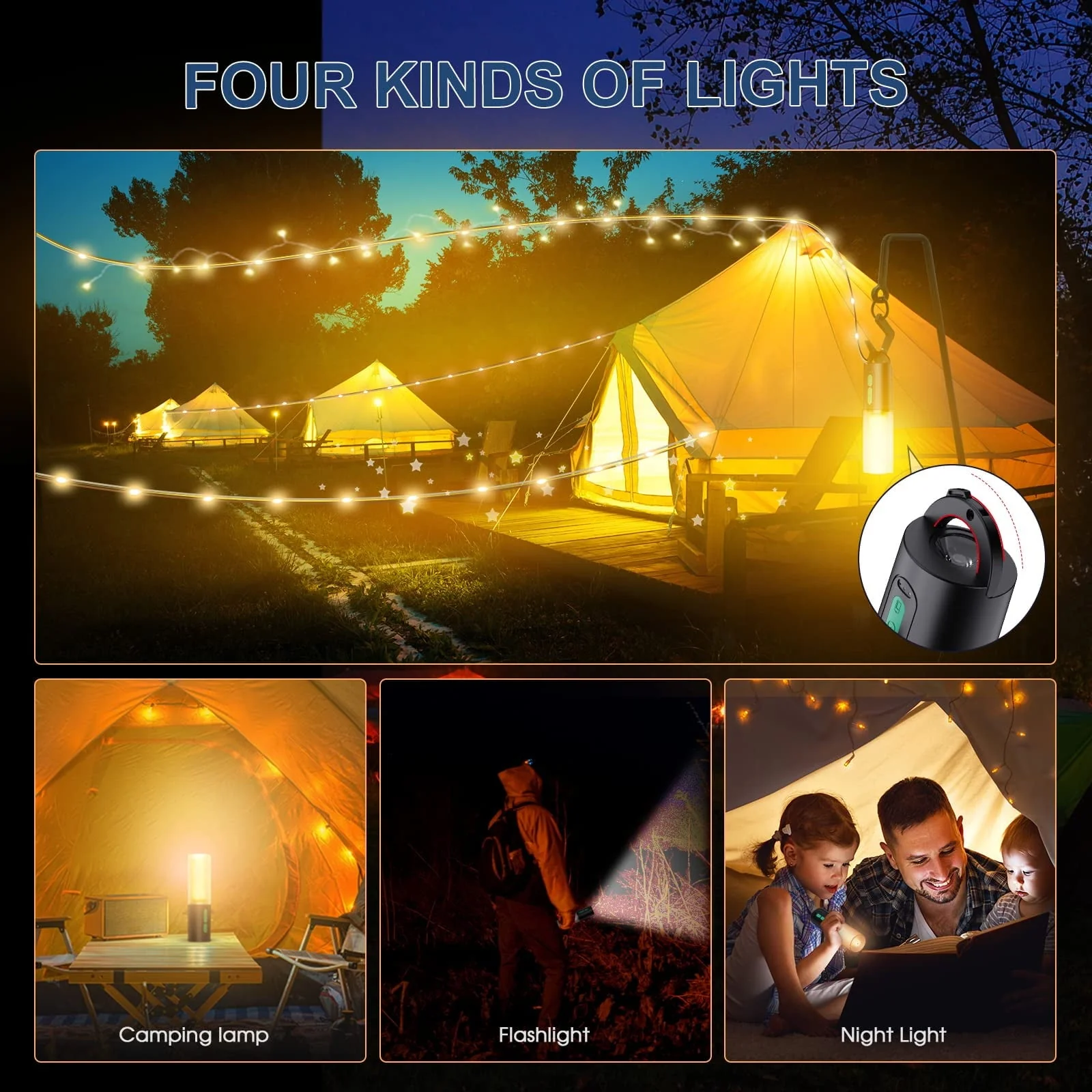 4-in-1 Multifunction Camping Light, 4000mAh Power Bank for Charging, IPX6 Waterproof LED Flashlight, 33ft 100 LED USB Powered String Fairy Lights for Outdoor Tent, Bedroom, Party, Hiking,Wedding