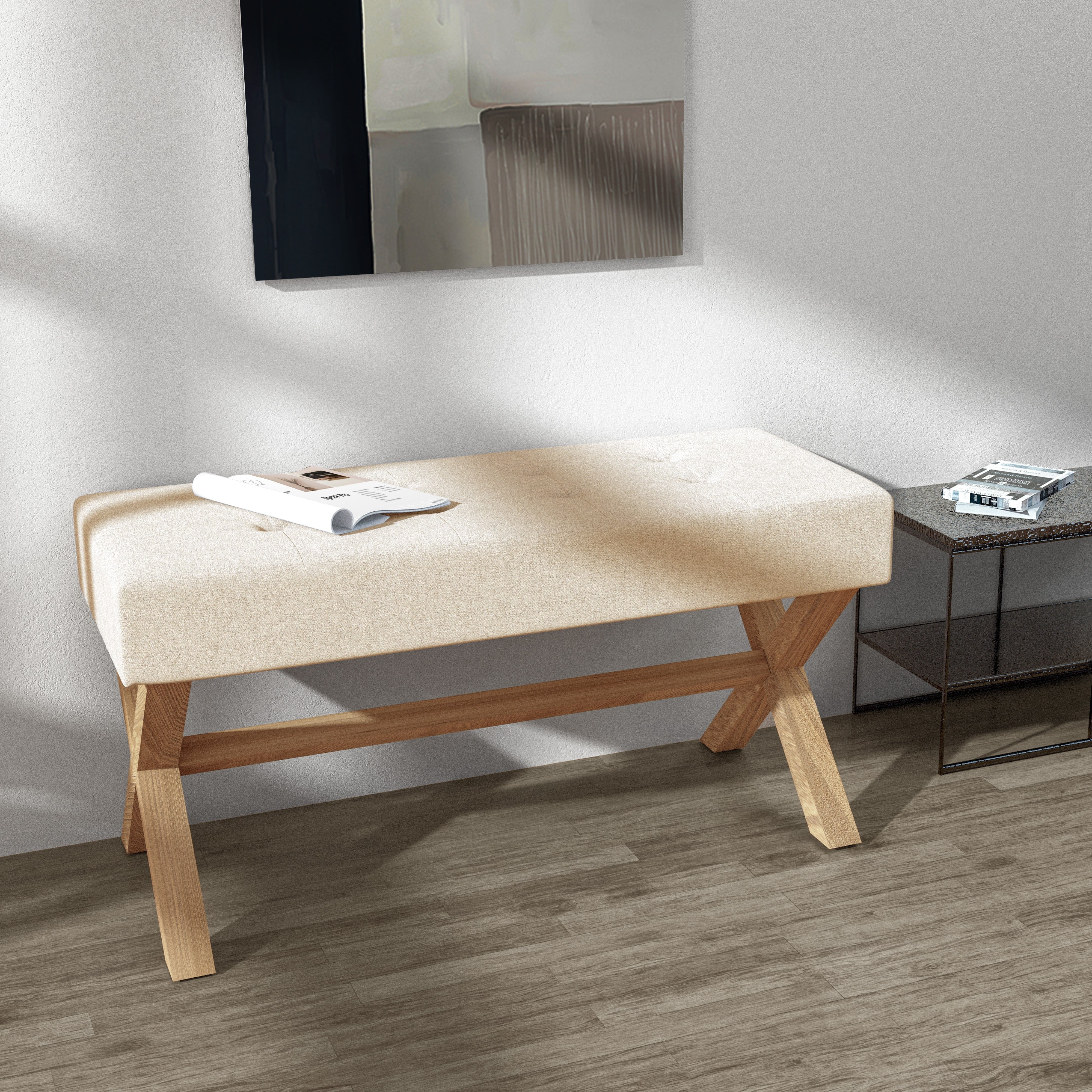Bedroom Bench, 35" Upholstered Entryway Bench Dining Bench, Tufted Fabric End of Bed Bench for Bedroom Living Room Hallway, Beige(Beige) - Image 3