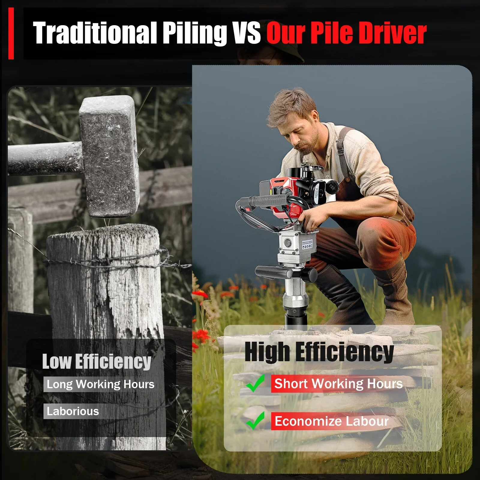 Anqidi 2 Stroke 32.7CC T-Post Driver Piledriver Gas Powered Garden Farm Fence Piling Machine 900W Gasoline Pile Driver Petrol Engine Hammer Push Pile Profession Kit