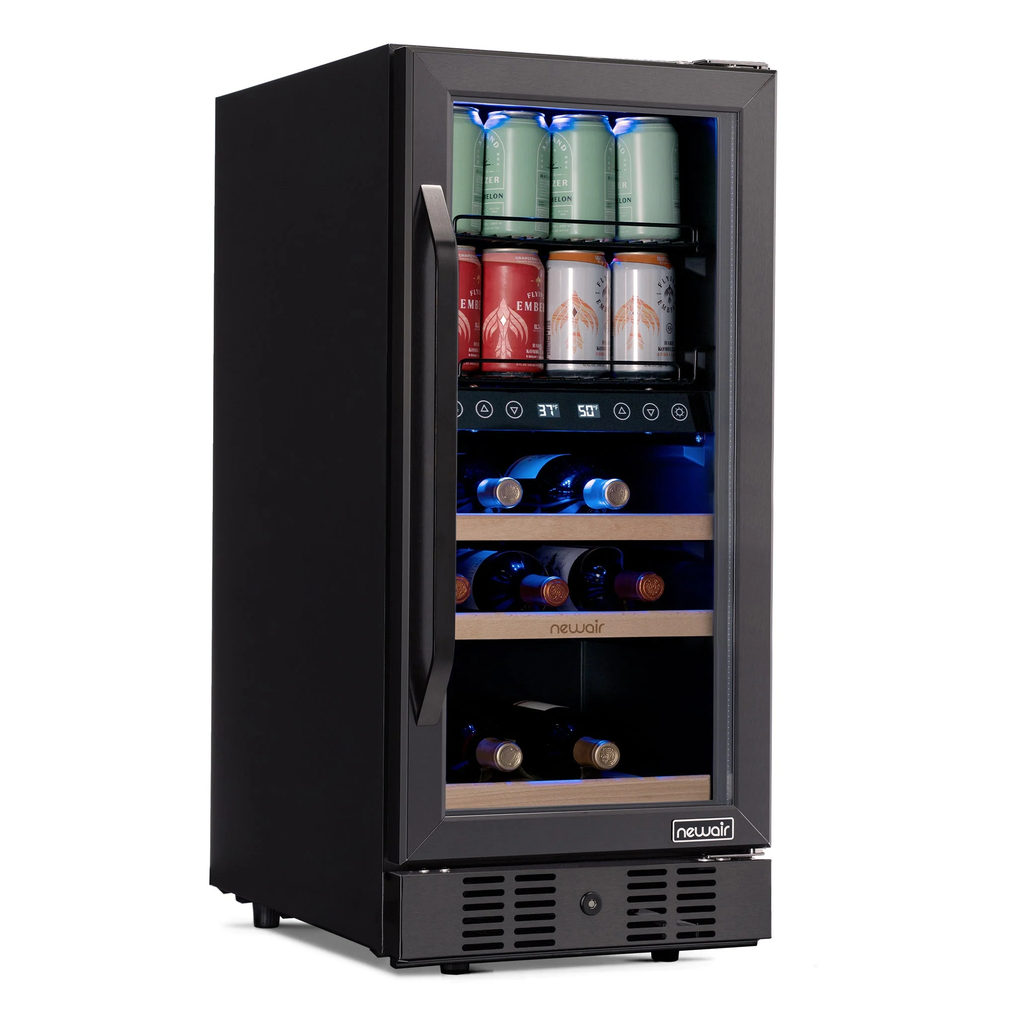 Newair 48-Can, 13-Bottle Built-in Dual Zone Black Beverage Fridge - 15