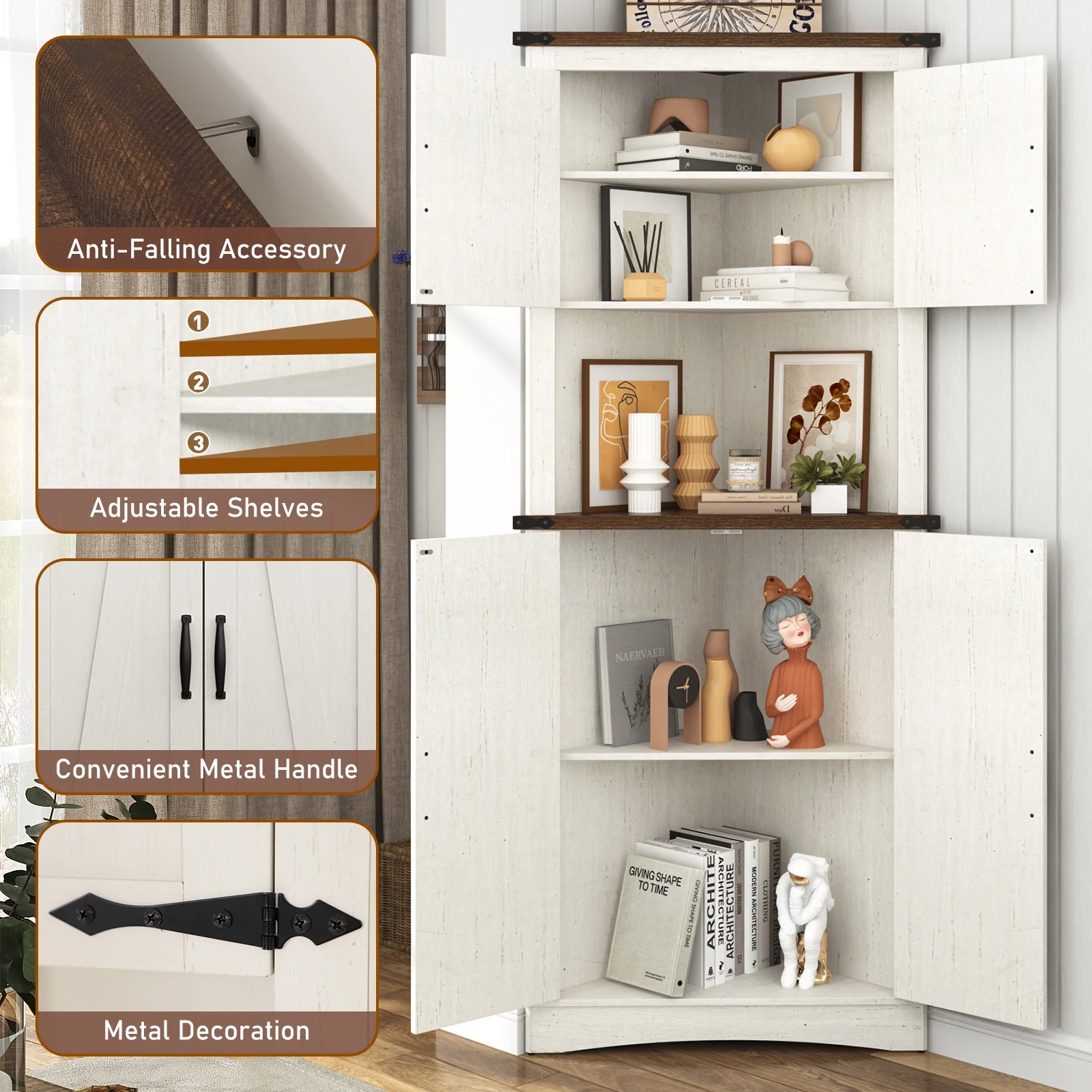 68" Tall Farmhouse Corner Cabinet with 4 Doors, 28.3" W Barn Door Storage Cabinet with Adjustable Shelves, 5 Tier Corner Storage Cabinet for Bathroom,Living Room,Kitchen(28.3" Wide/White-Brown) - Image 7