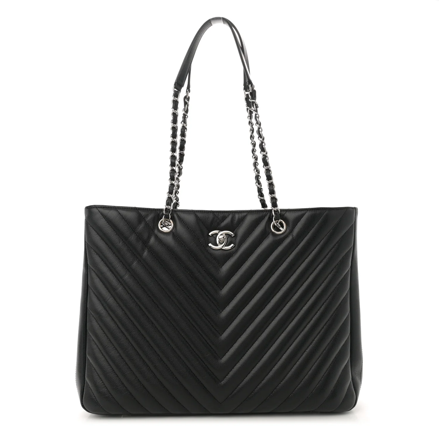 Caviar Chevron Quilted Large Shopping Tote Tote Black