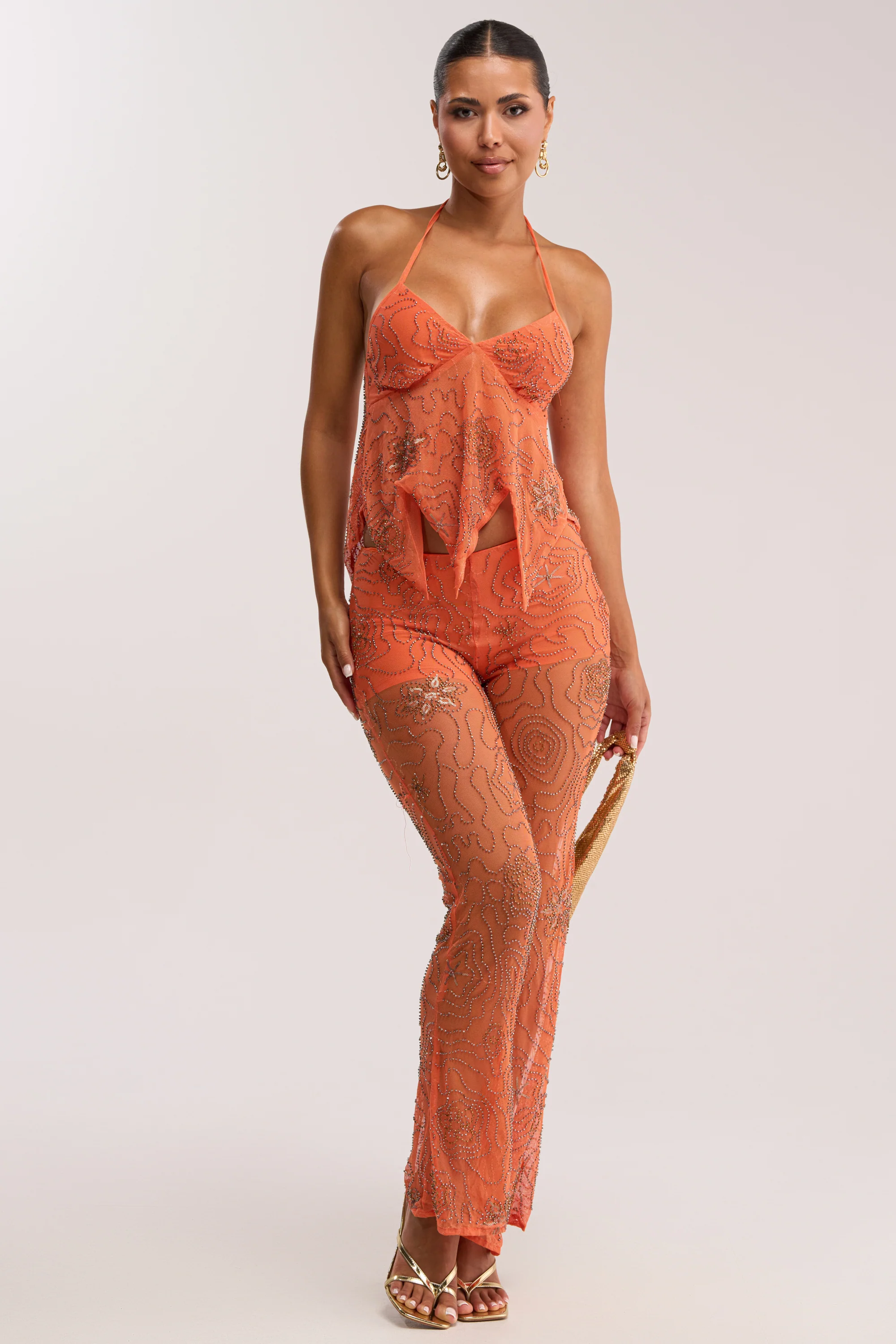 KATE EMBELLISHED MESH TOP IN ORANGE - Akira Store