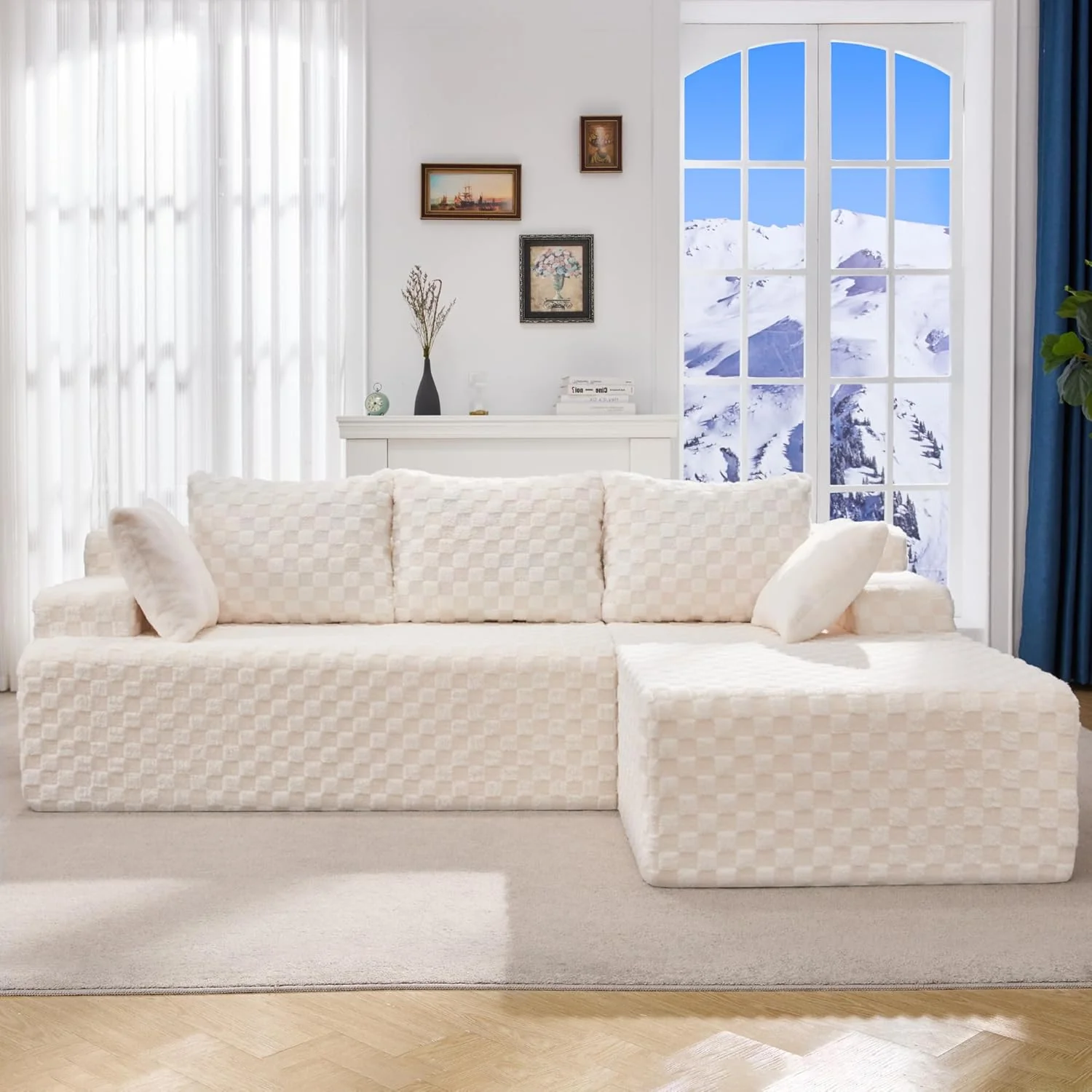 Modular Sectional Sofa Couches L-Shape Couch 3 Seat Modular Sofa Memory Foam Sectional Couches for Living Room, Cloud Couch with Oversized Chaise (Grey Stripe, 96