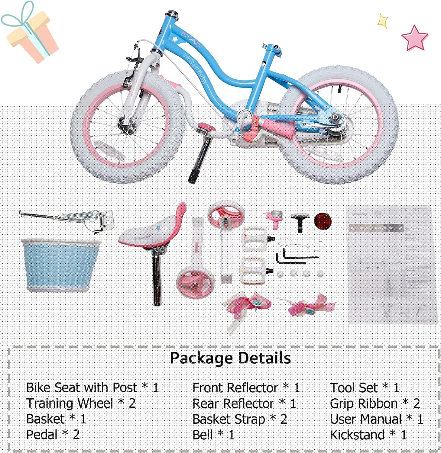 Royalbaby Girls Kids Bike Star Girl 12 in Bicycle Basket Training Wheels Blue Child - S Cycle