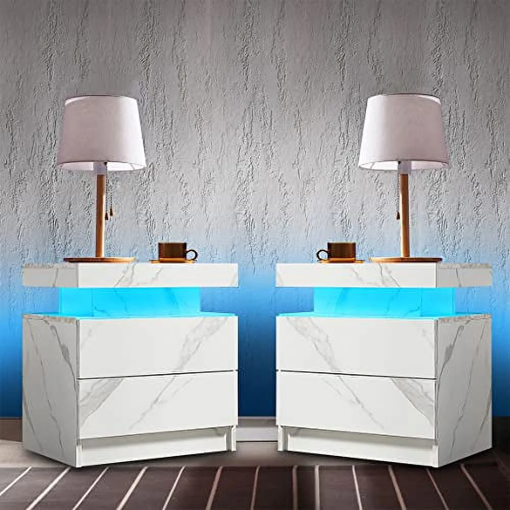 LED Nightstand Set of 2, Modern Bedside Table with 2 Drawers Storage Space, Adjustable Colors LED Light, Black(Black) Image 9