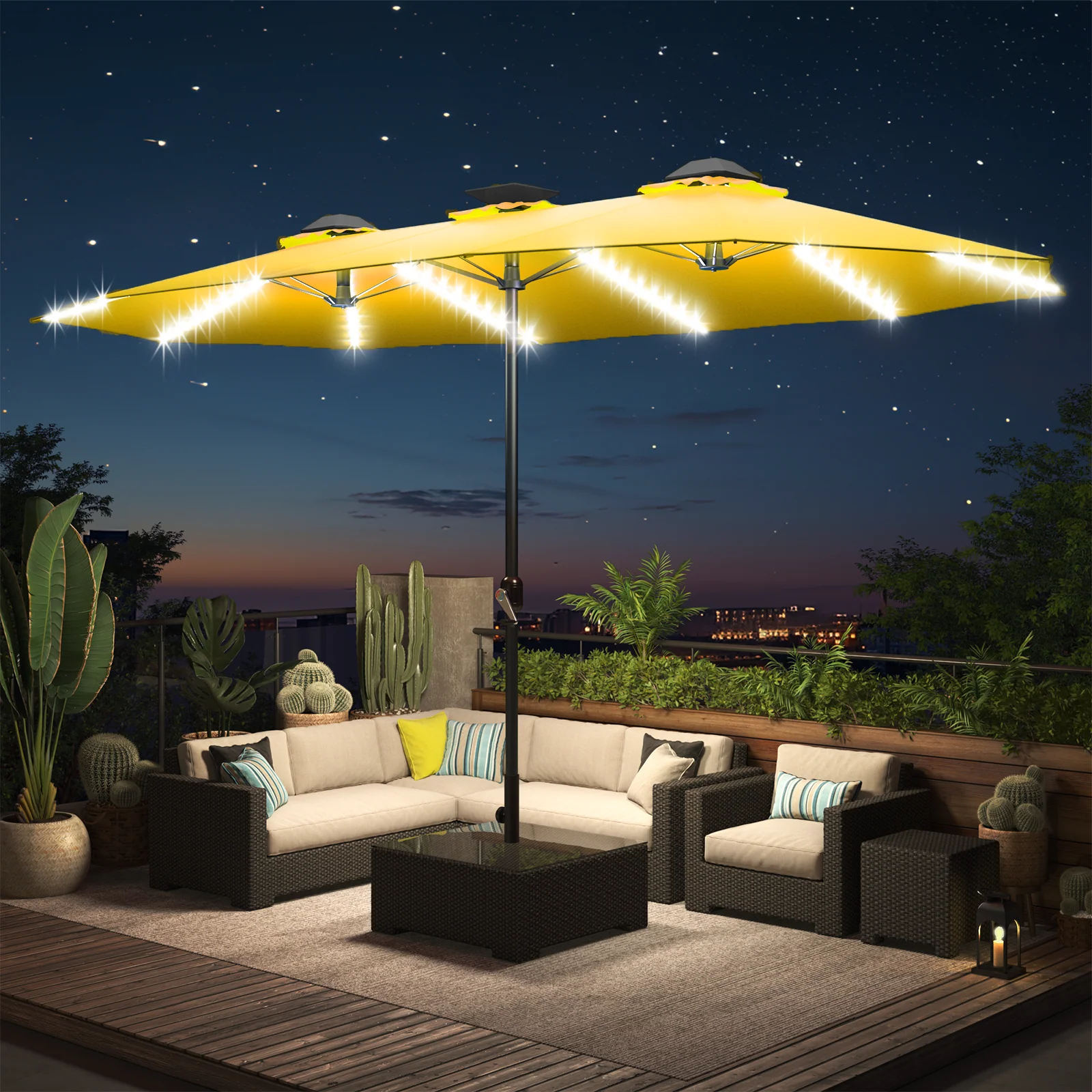 AECOJOY 15ft Patio Double-Sided Umbrella, 156 PCS Solar LED Light Outdoor Large Umbrella, Yellow