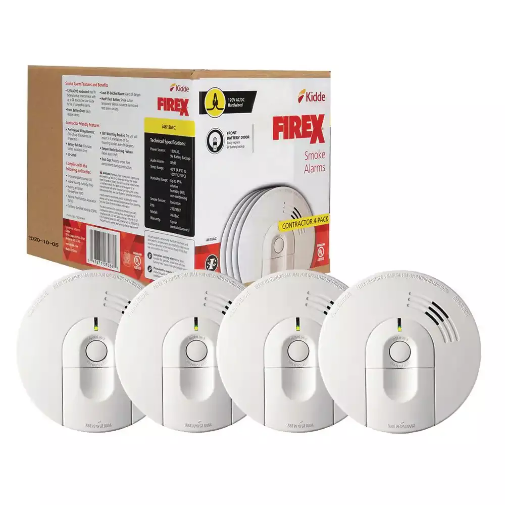 i4618 Lot de 4 détecteurs de fumée filaires avec capteur d'ionisation, 120 V CA, pile de secours 9 V