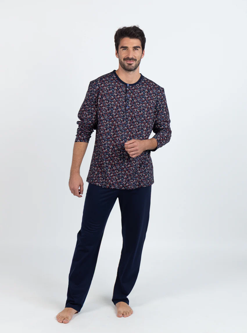Pyjama homme en coton  imprimé feuilles rouges