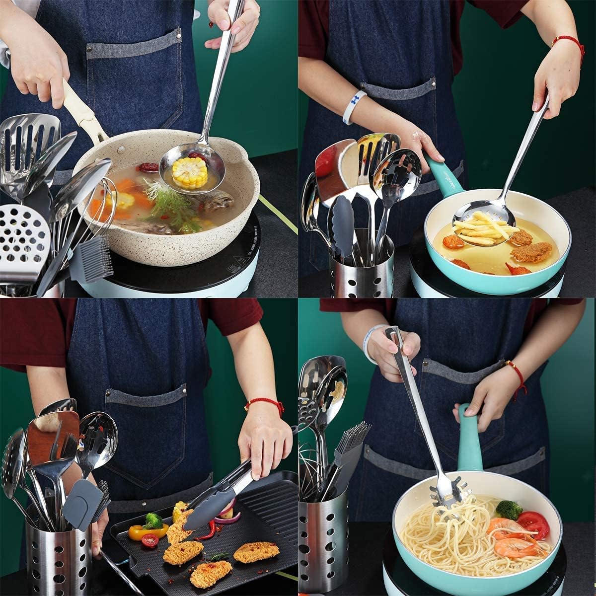 Stainless Steel Cooking Utensils Set, Berglander 13 Pieces Kitchen Utensils Set, Kitchen Tools Set With Utensil Holder Non-Stick And Heat Resistant, Dishwasher Safe, Easy to Clean (13 Pieces)