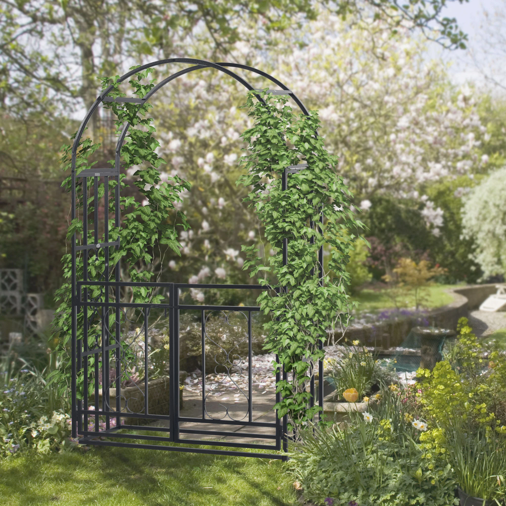 CoSoTower 81 Metal Garden Arbor with Double Doors, Locking Gate, Climbing Vine Frame with Heart Motifs, Arch for Wedding, Bridal Party Decoration, Grey