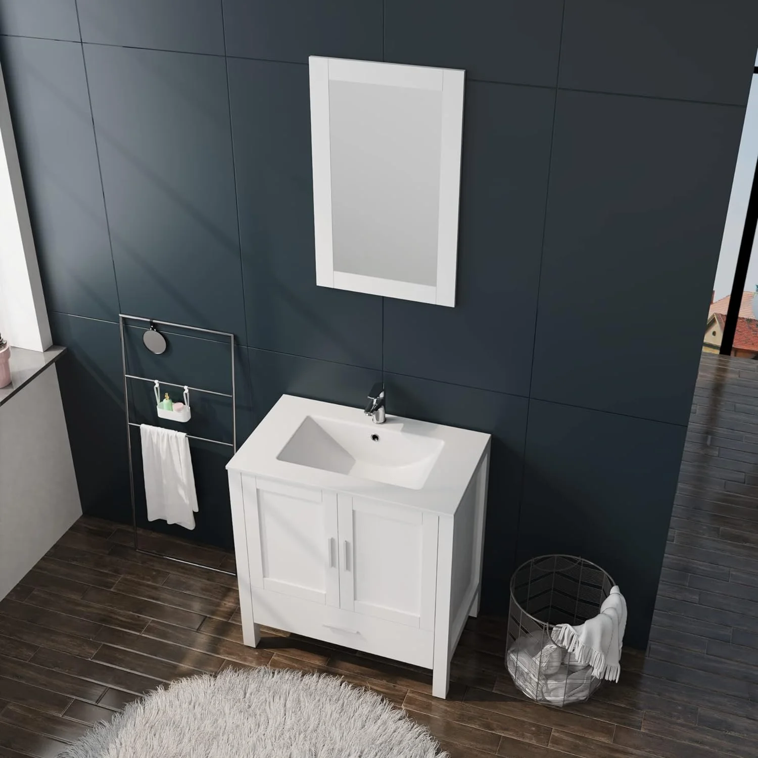 30" White Bathroom Vanity and Sink Combo Modern Drop in Sink Bathroom Cabinet with Mirror and Drain(White) - Image 4
