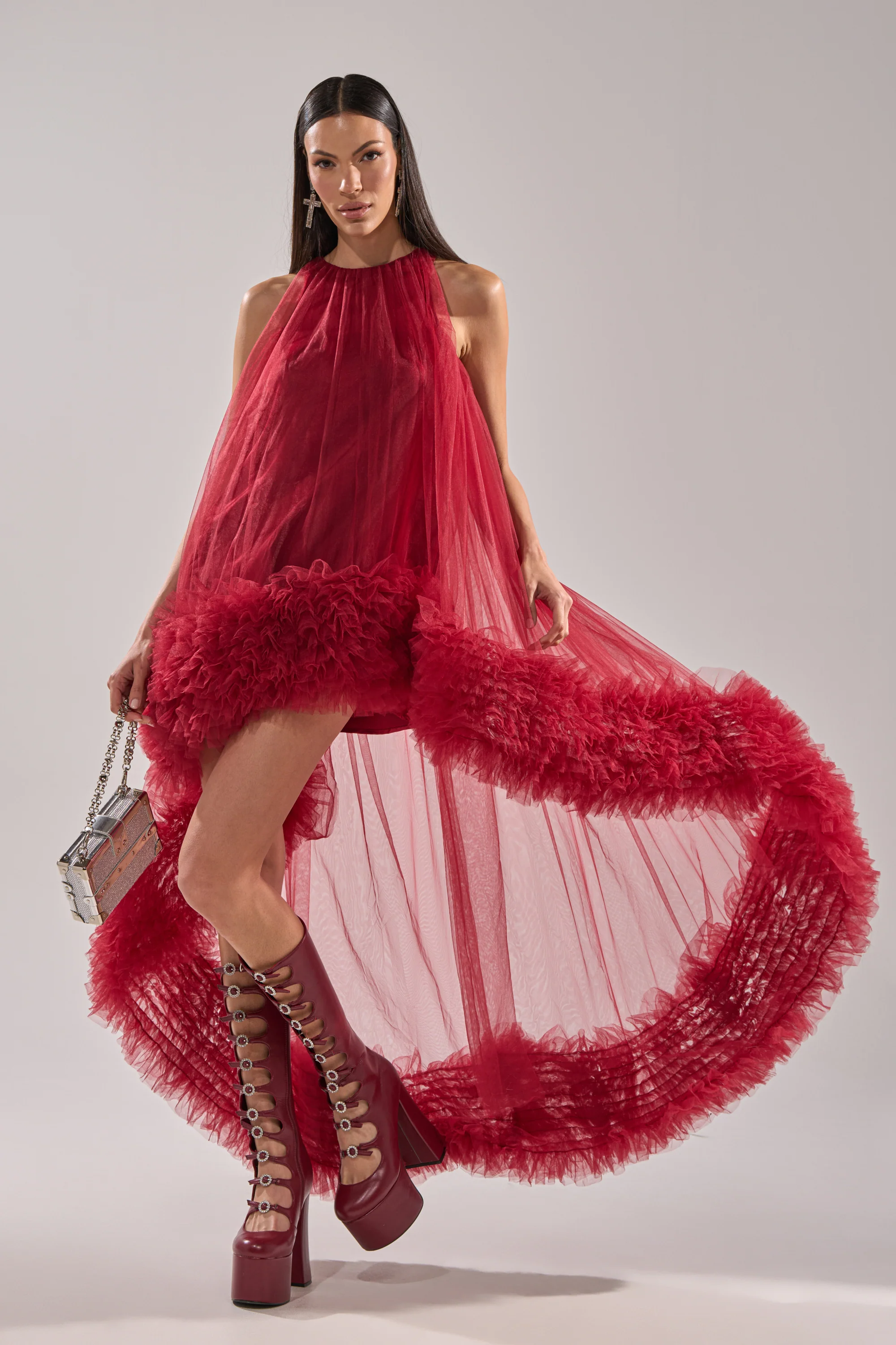 ARI TULLE HIGH LOW DRESS IN BURGUNDY - Akira Store