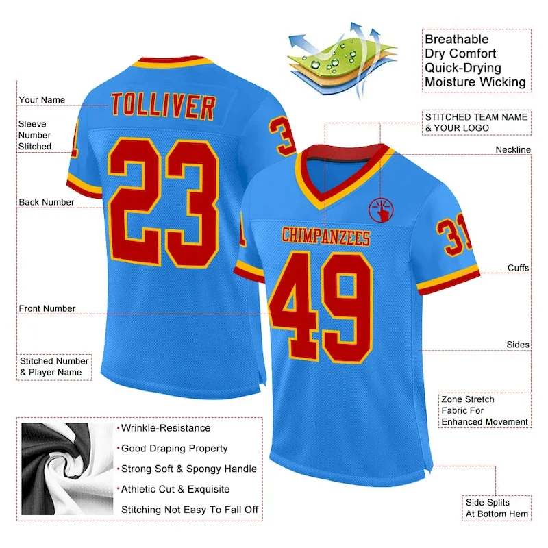 Custom Powder Blue Red-Gold Mesh Authentic Throwback rugby jersey