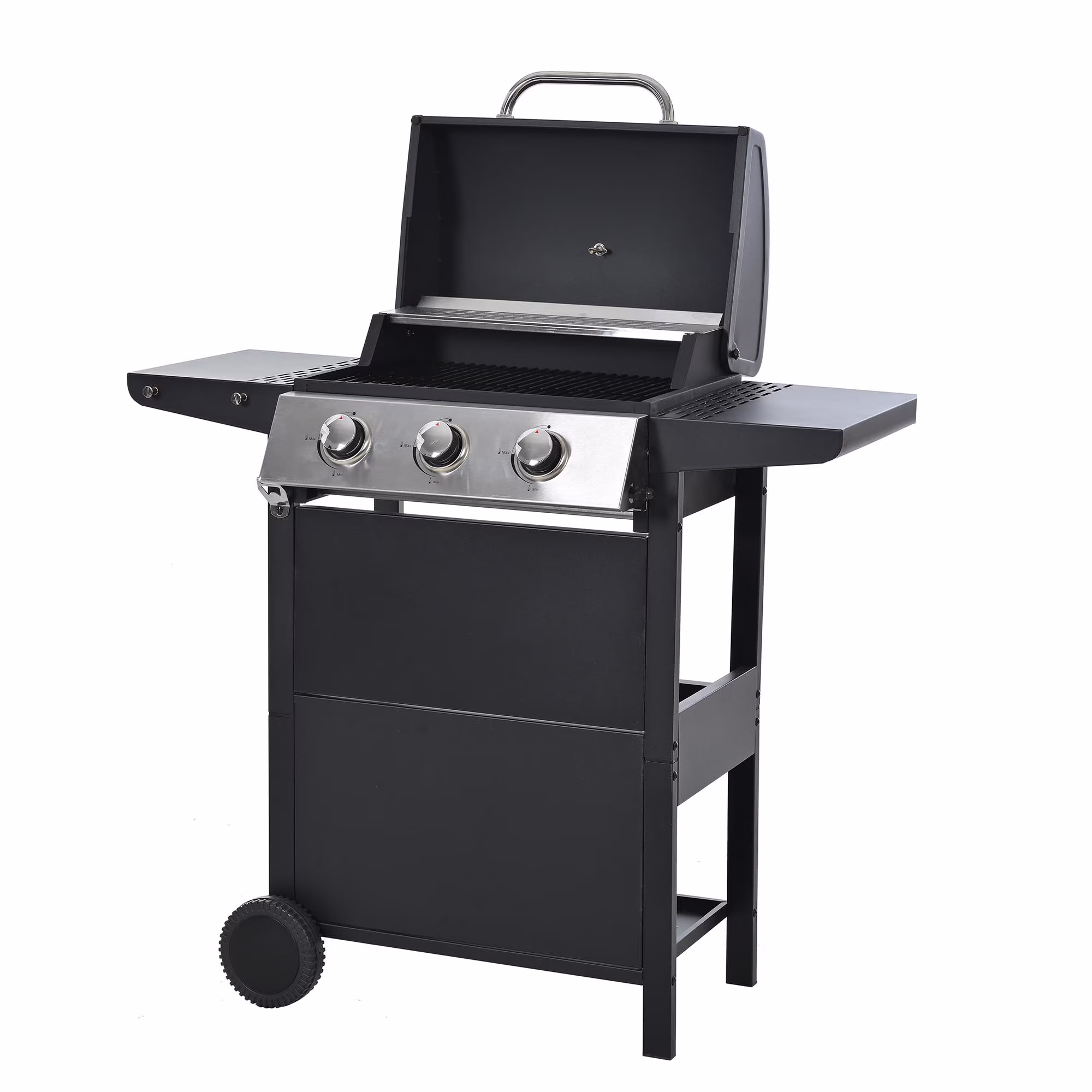 3 Burners BBQ Propane Gas Grill Side Burner & Thermometer, Stainless Steel 25,650 BTU Output Stainless Steel Grill for Patio Garden Barbecue Two Shelves (3-Burners Grill)