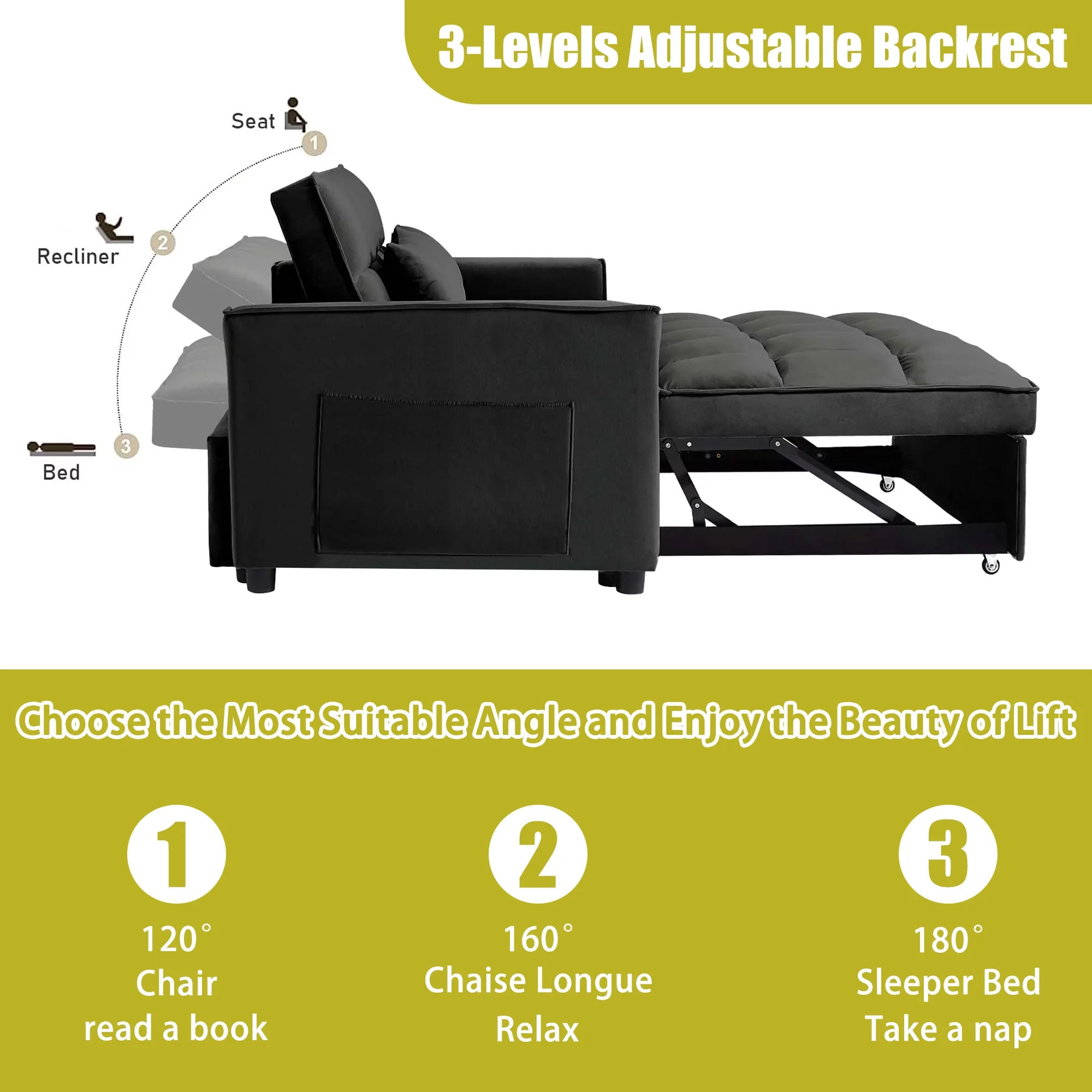 55 Inch Convertible Futon Sofa Bed,Modern Loveseat Sleeper Sofa Couch with Pull-Out Sofa Bed for Living Room,Small Space Black(Black02) - Image 5