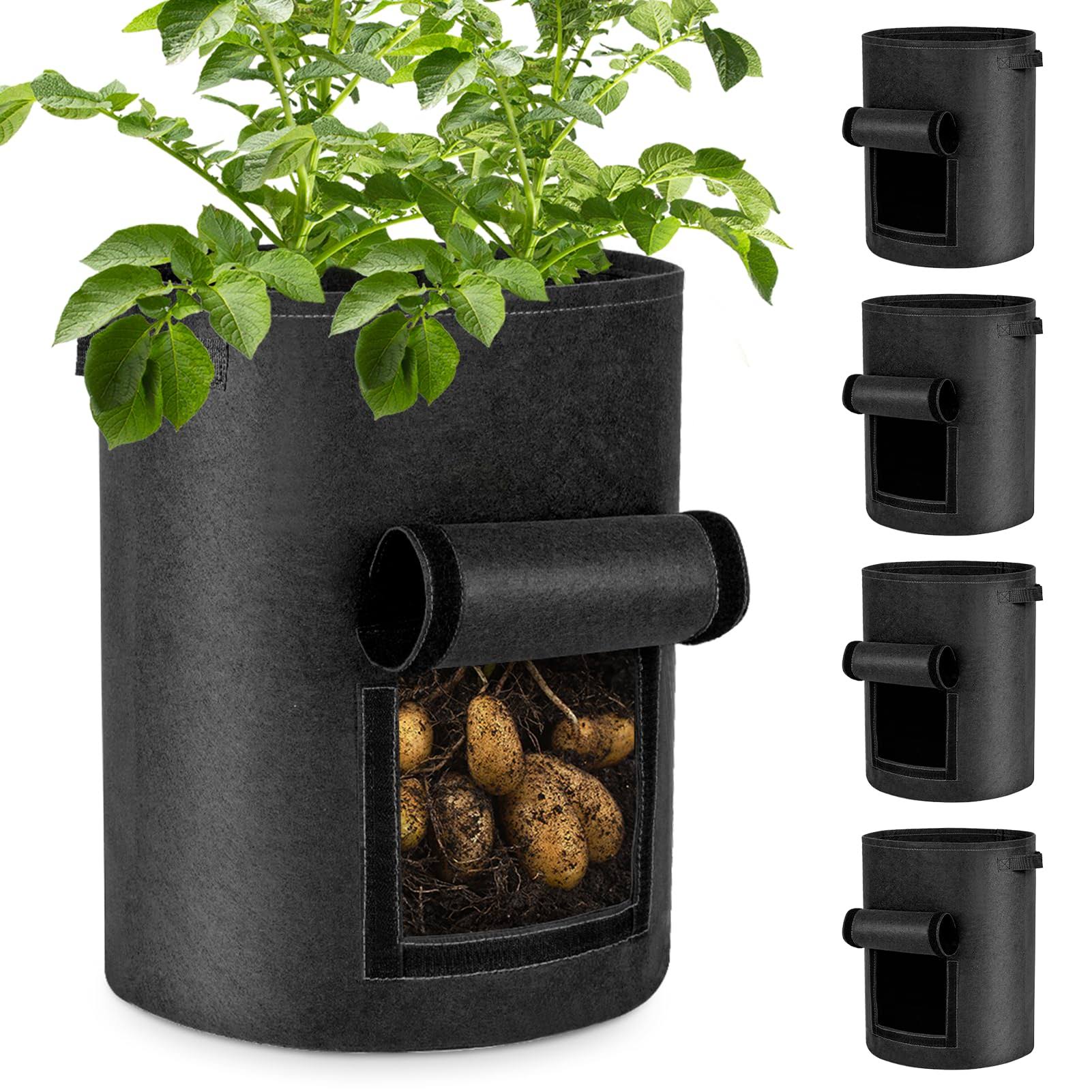 GreatBuddy 4-Pack Potato Grow Bags, 10 Gallon Thick Fabric Pots for Plants, Harvest Windows & Sturdy Handles, Labels Included,Black