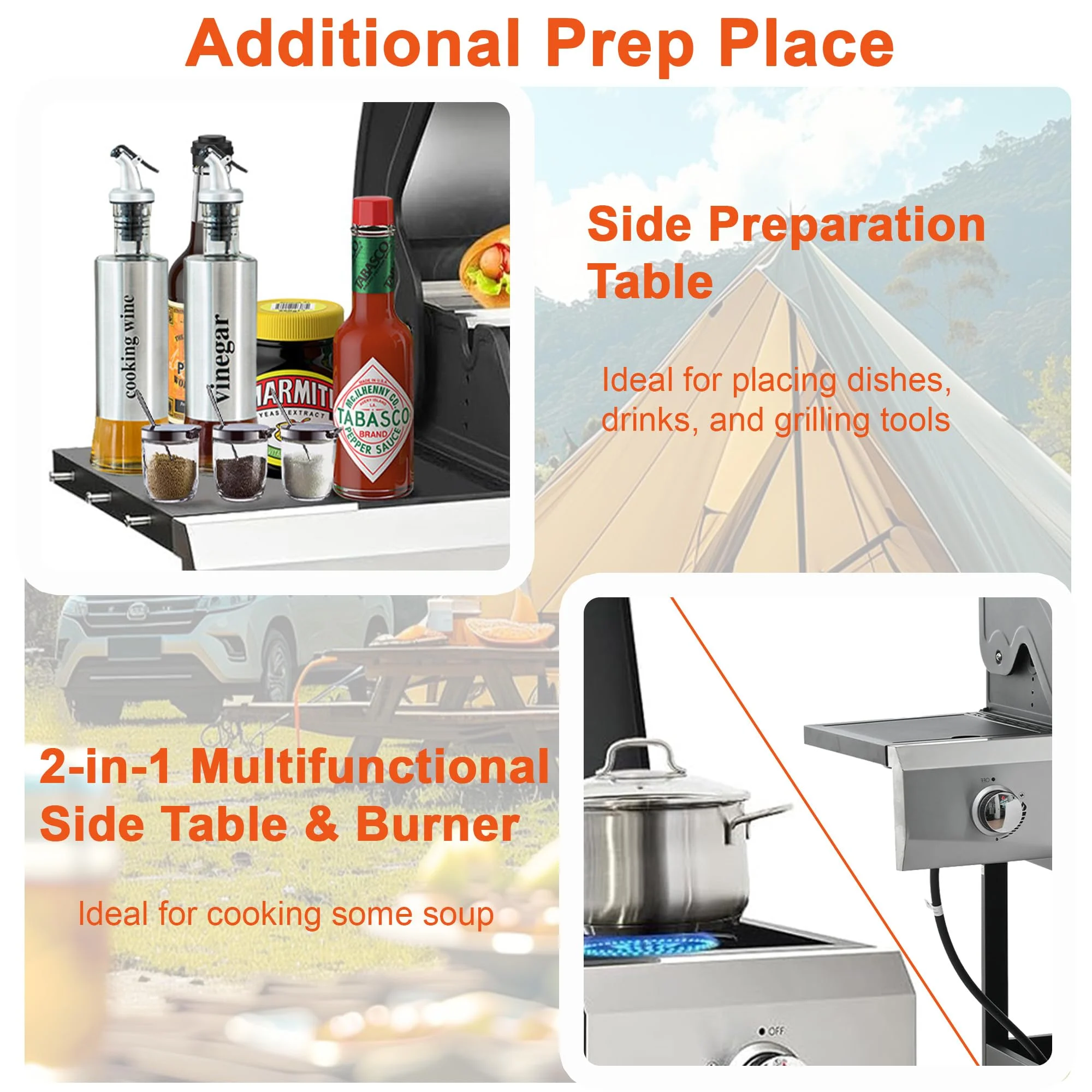 40,500 BTU Propane Gas Grill with Side Burner, Stainless Steel 3 Burner Barbecue Grill Portable on Wheels, with Bottle Opener, for Camping Patio Outdoor Cooking(40500) - Image 10