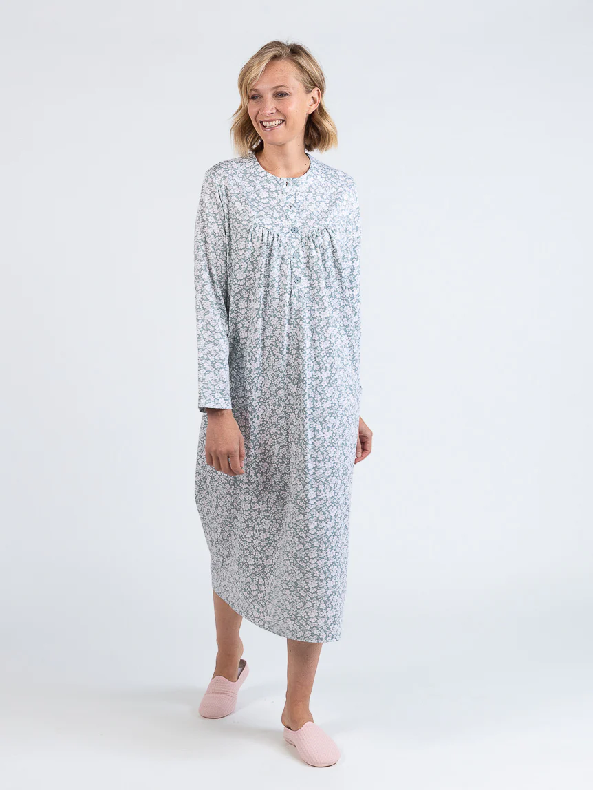 Chemise de nuit femme en coton floral vert sauge