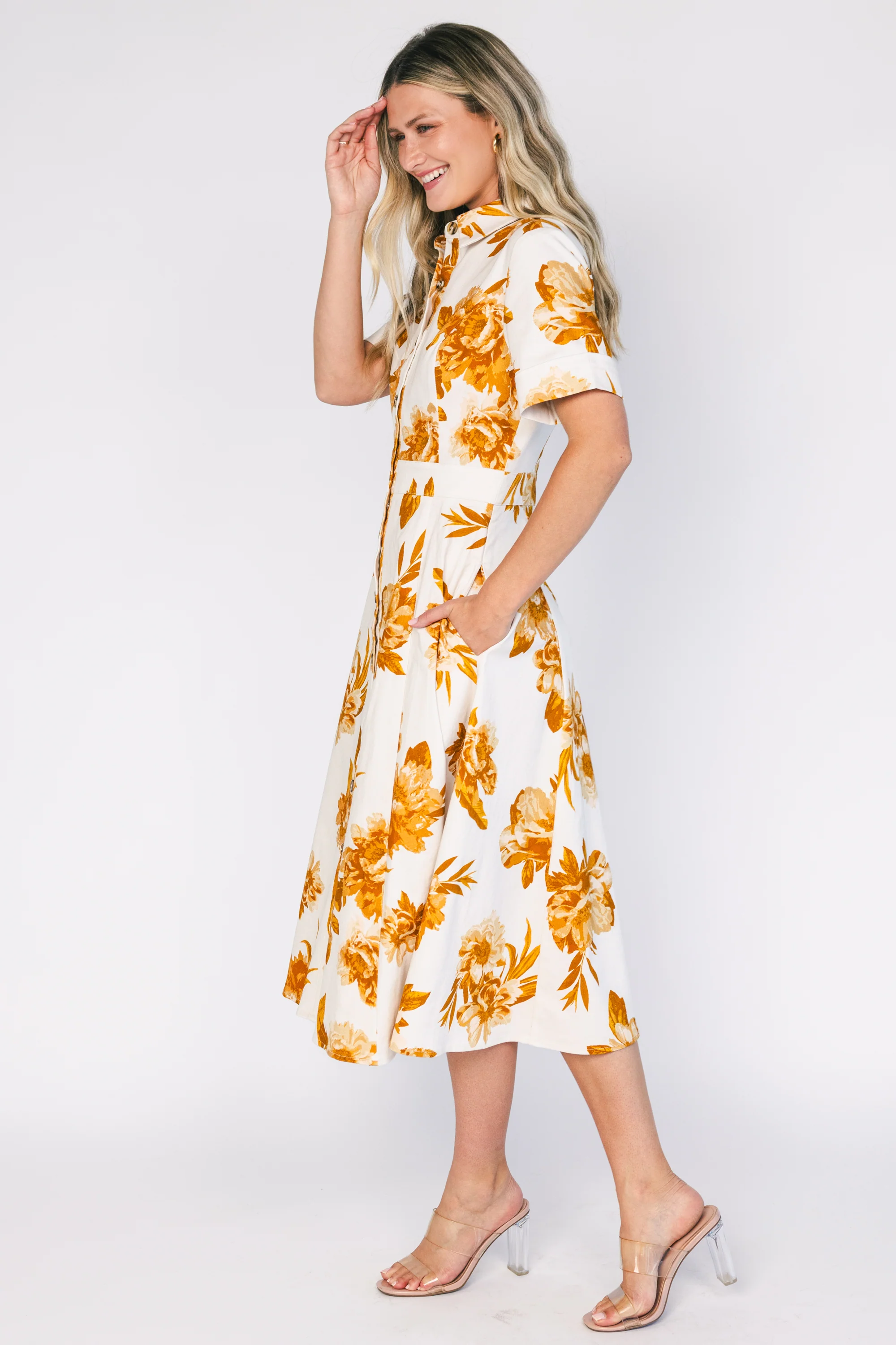 Selena Button Up Dress | Ivory + Golden Floral