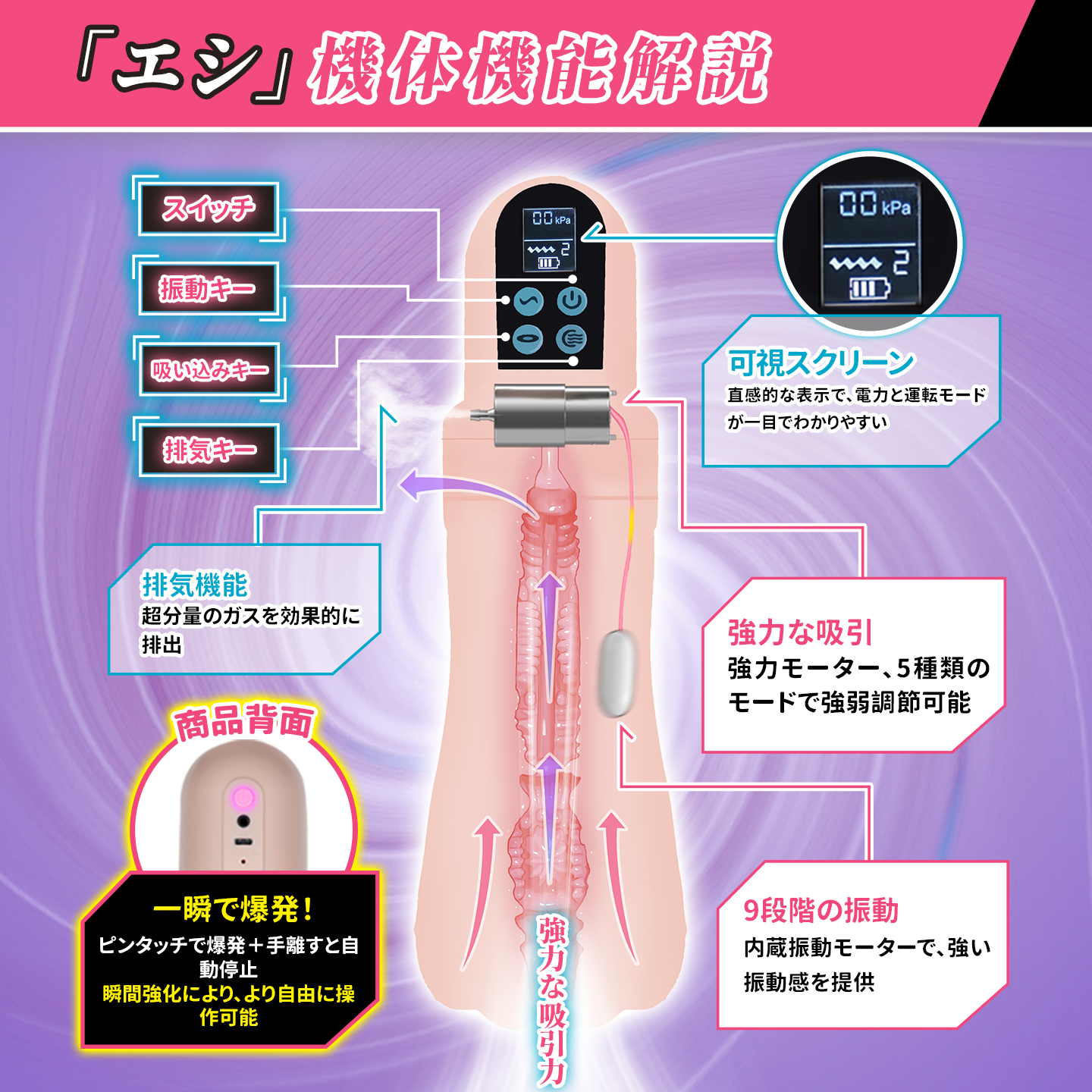 XXJ-2 吸引・振動・排気ボタンと画面表示