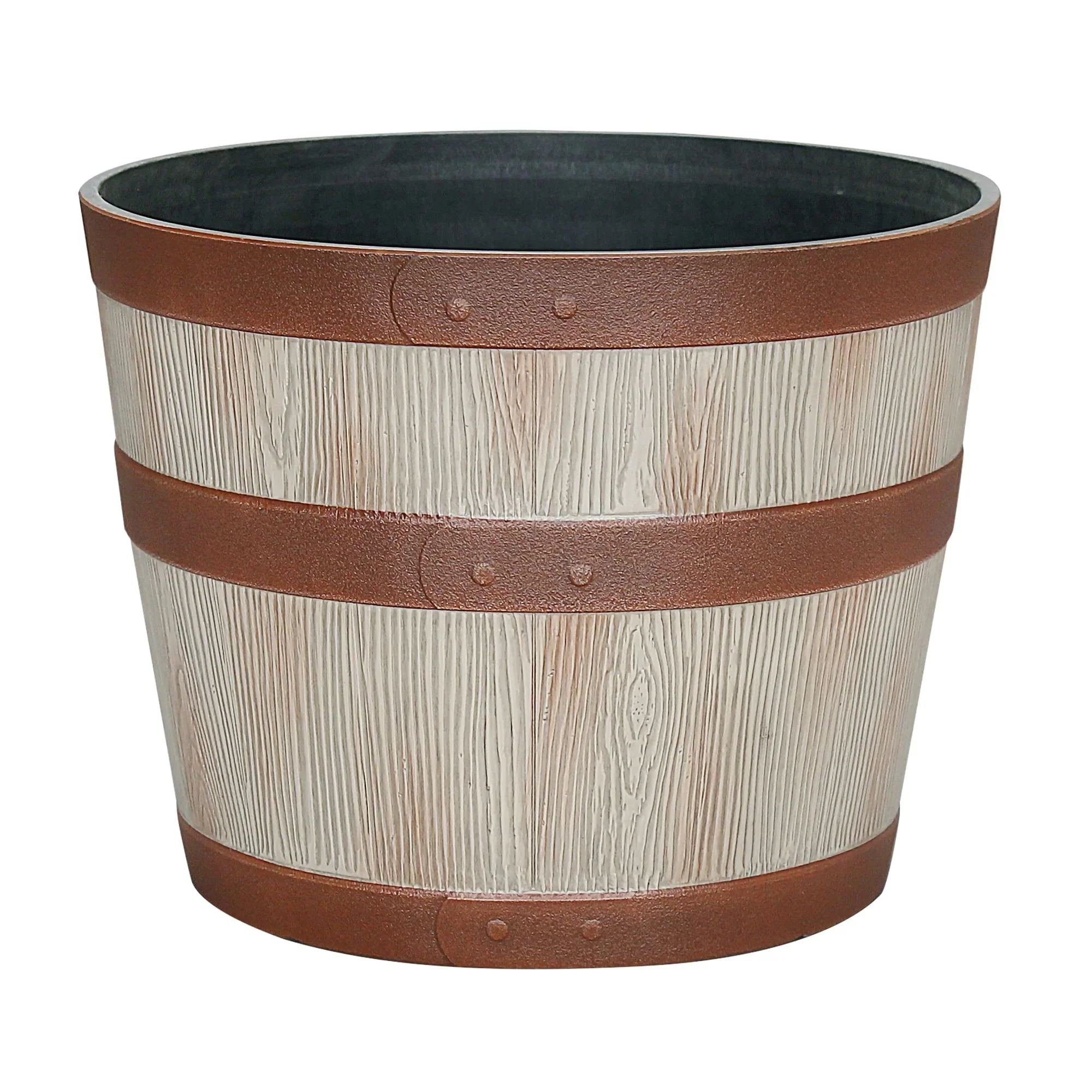 Better Homes & Gardens Whiskey Barrel Light Brown Resin Planter, 13in x 13in x 10in