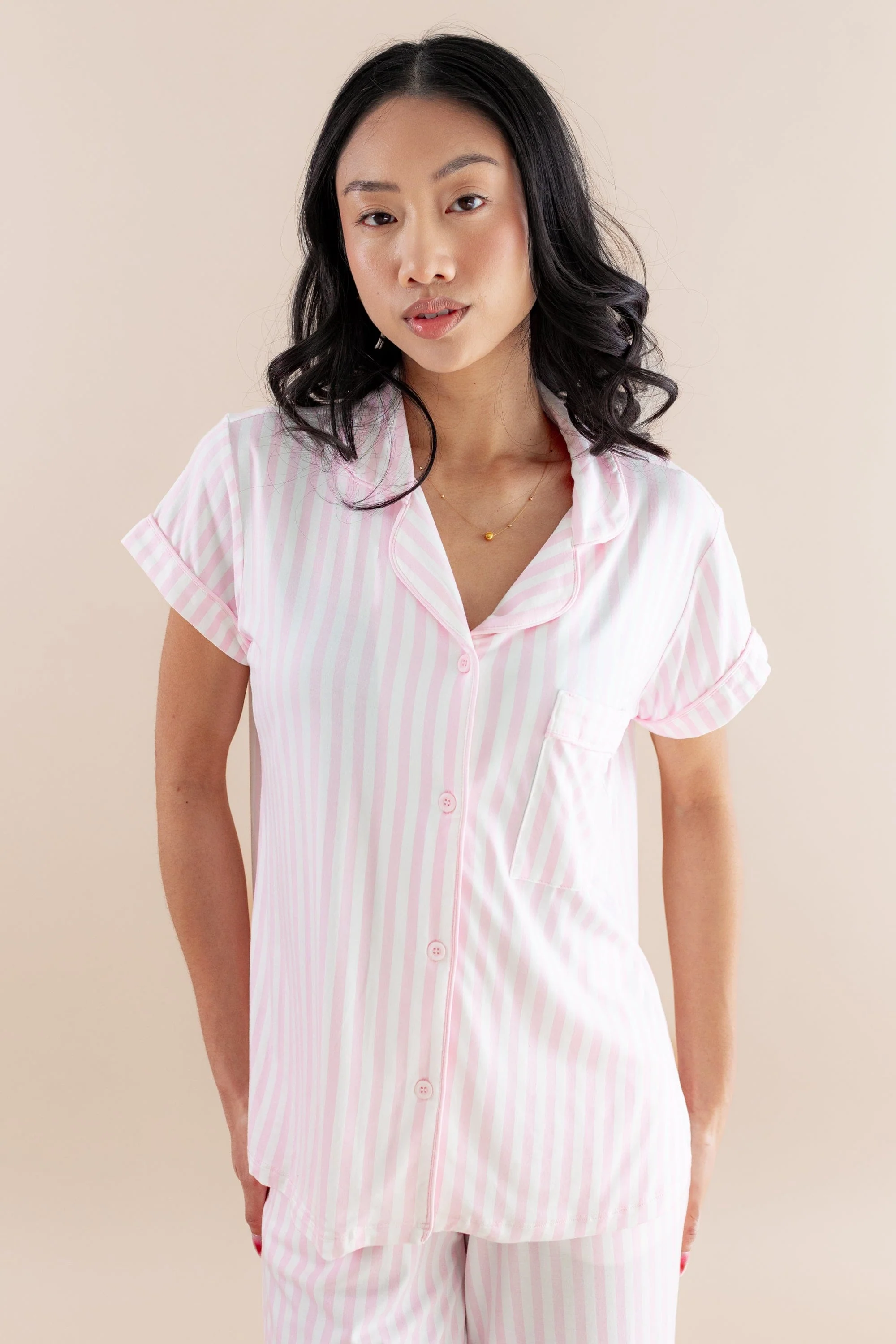 Women's Short Sleeve Cropped Pajama Set in Small Sakura Stripe