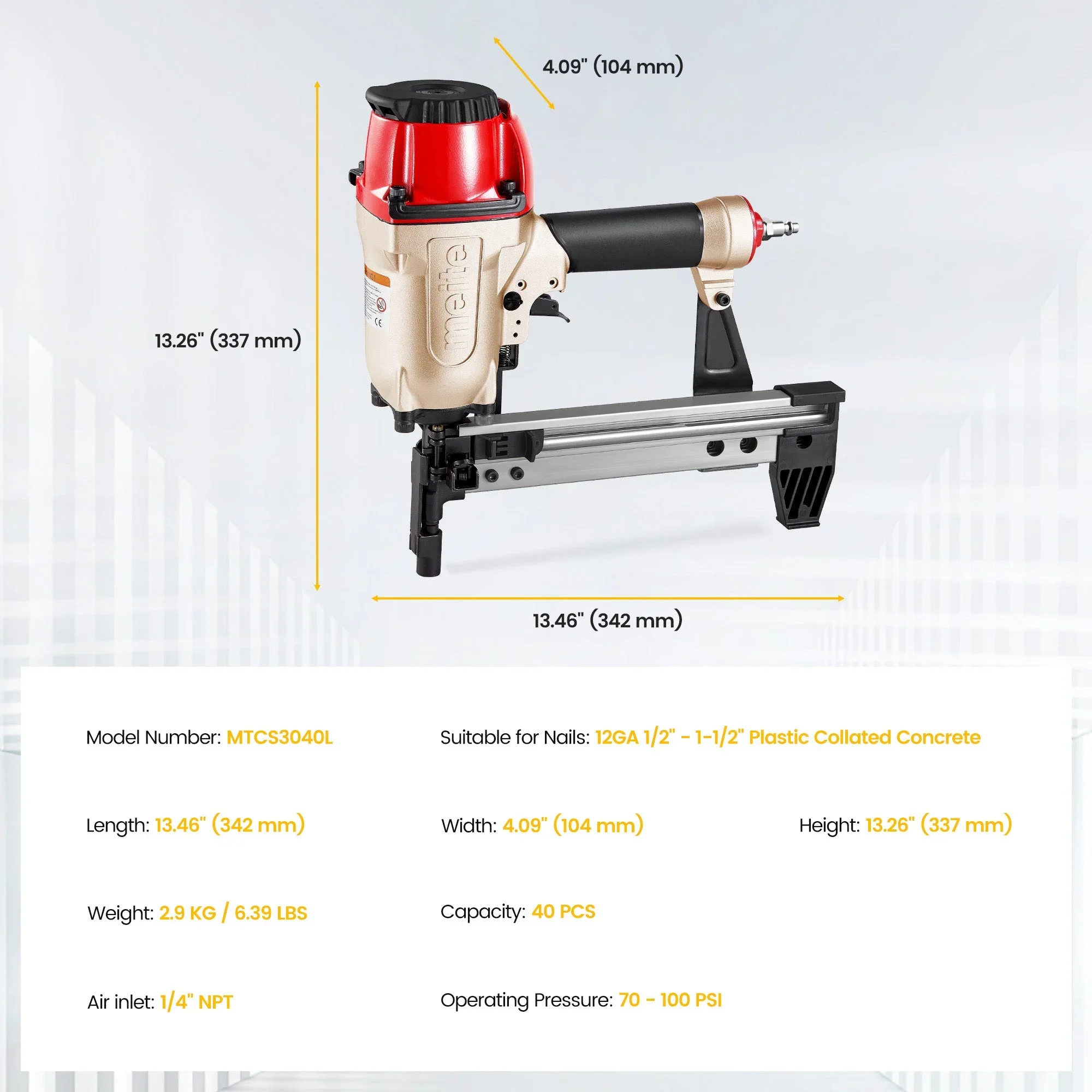 MEITE MTCS3040L Pneumatic Concrete and Steel Pinner 12Gauge 1/2 to 1-1/2 Length Concrete Nailer