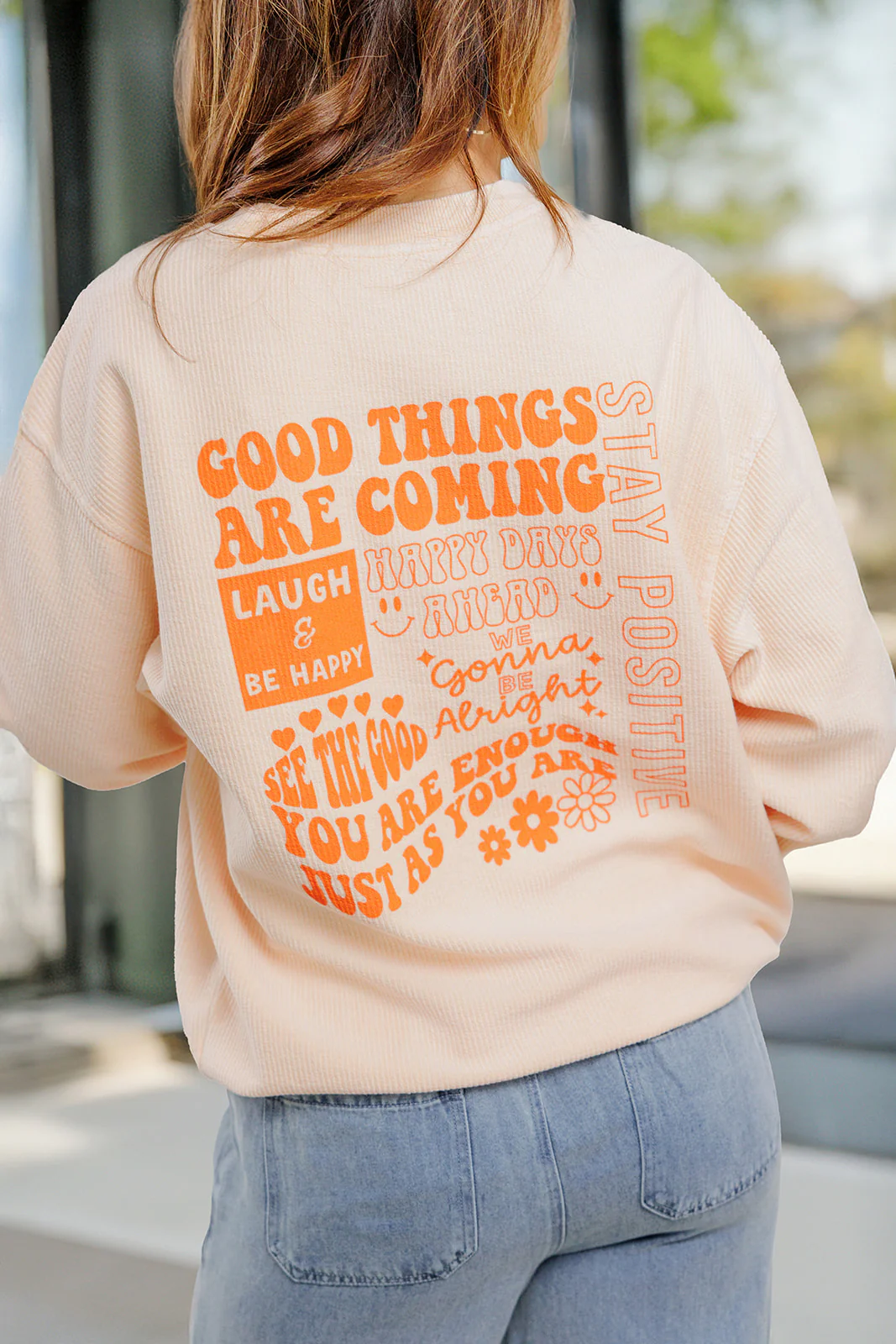 Stay Positive Ribbed Graphic Crewneck