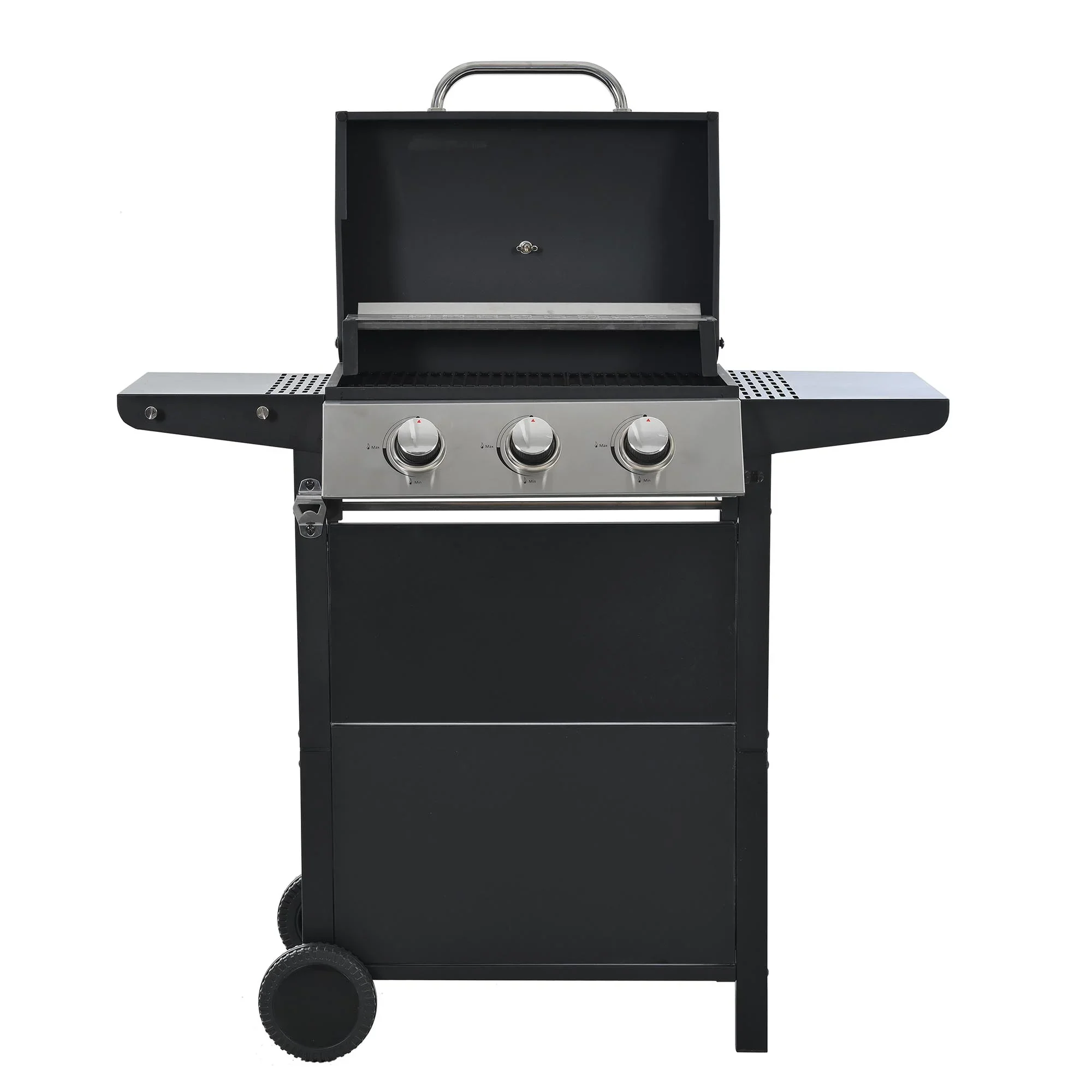 3 Burners BBQ Propane Gas Grill Side Burner & Thermometer, Stainless Steel 25,650 BTU Output Stainless Steel Grill for Patio Garden Barbecue Two Shelves (3-Burners Grill)