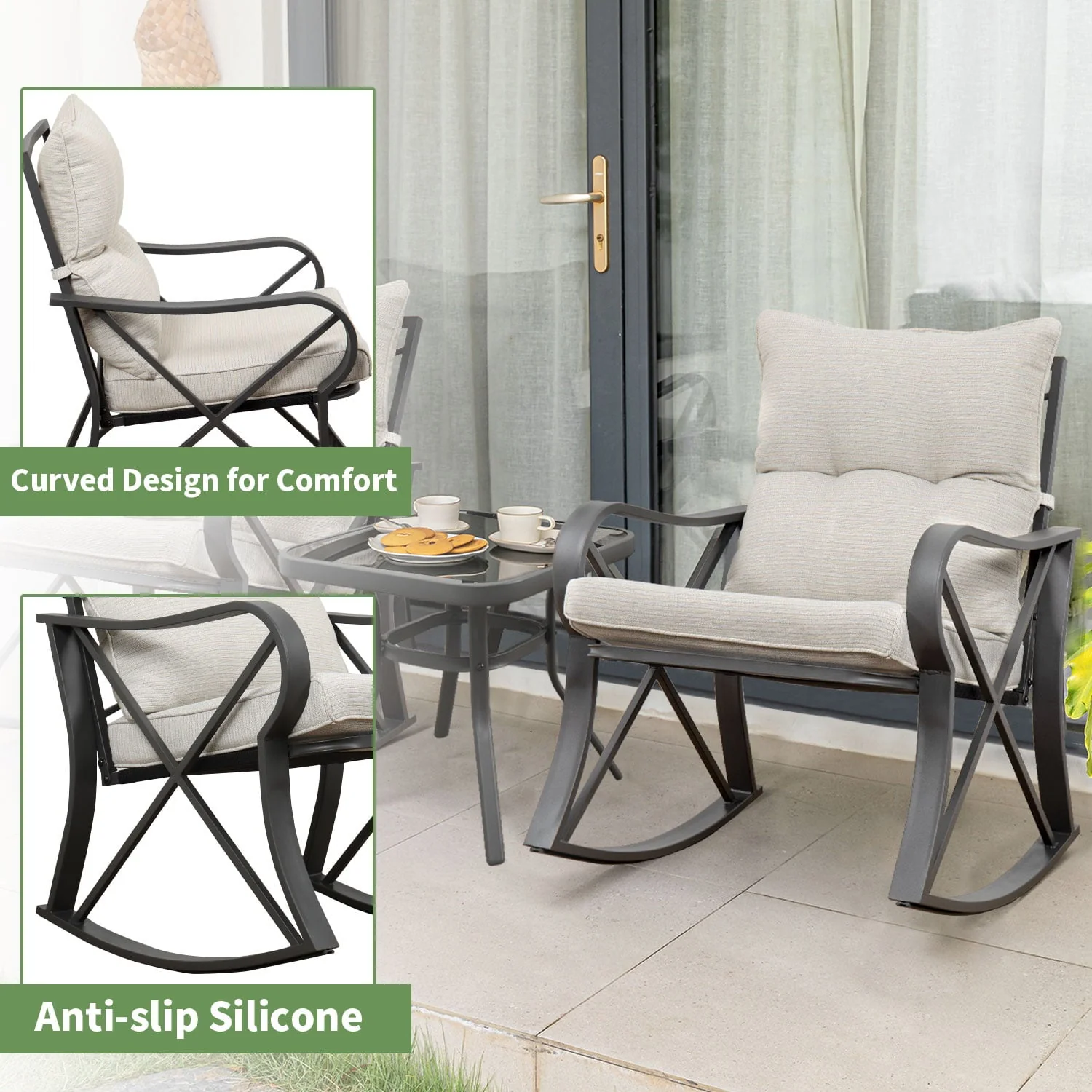 COSIEST 3 Piece Metal Bistro Set with Beige Cushions, Coffee Table Image 6