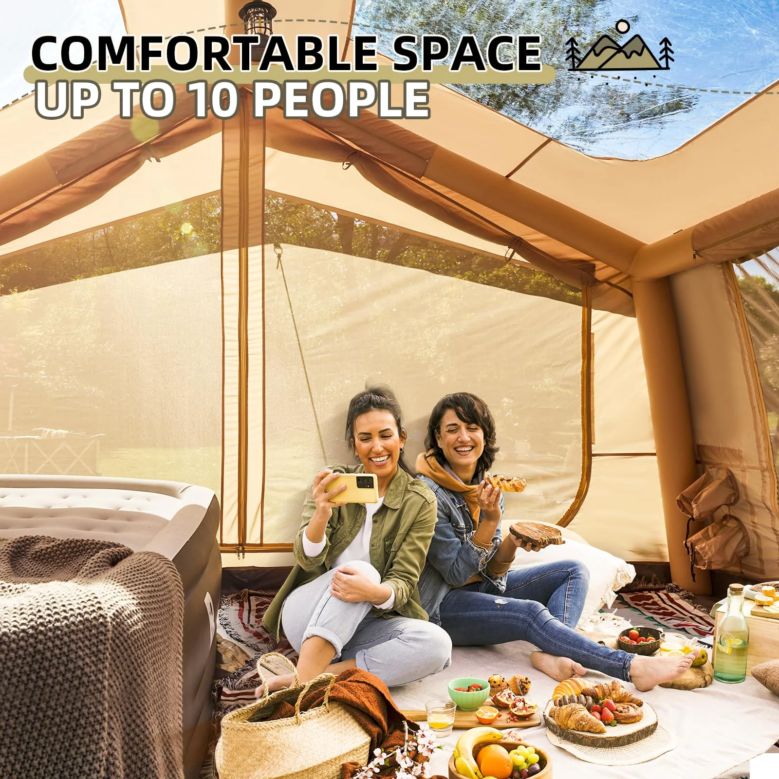 12'x8' Inflatable Tent, 96 SFT Blow Up Tent for Camping, 4 Season Oxford Glamping Tents with Clear Skylight, Pump Stove Jack(300D Oxford-Beige + Skylight) - Image 4