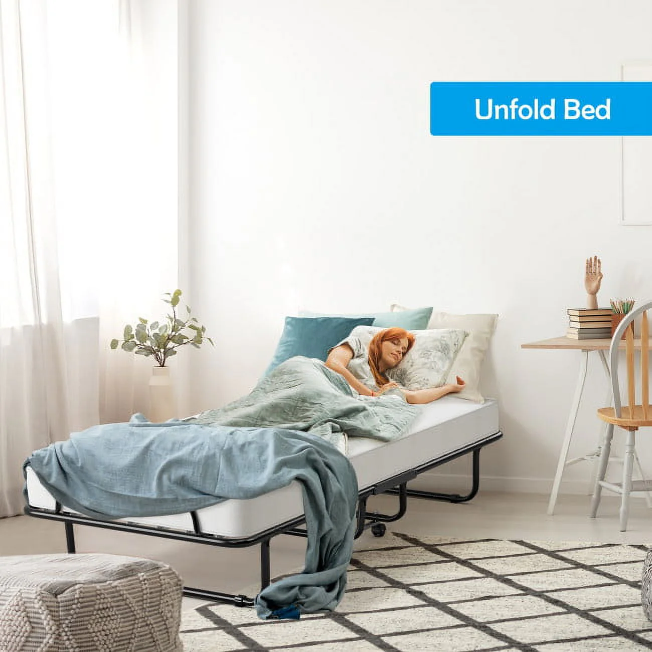 75" x 31" x 13" Folding Bed with Mattress, Rollaway Bed Metal Frame on Wheels, Portable Foldable Guest Bed for Adults, Cot Size Fold up Bed with Memory Foam Mattress - Image 9